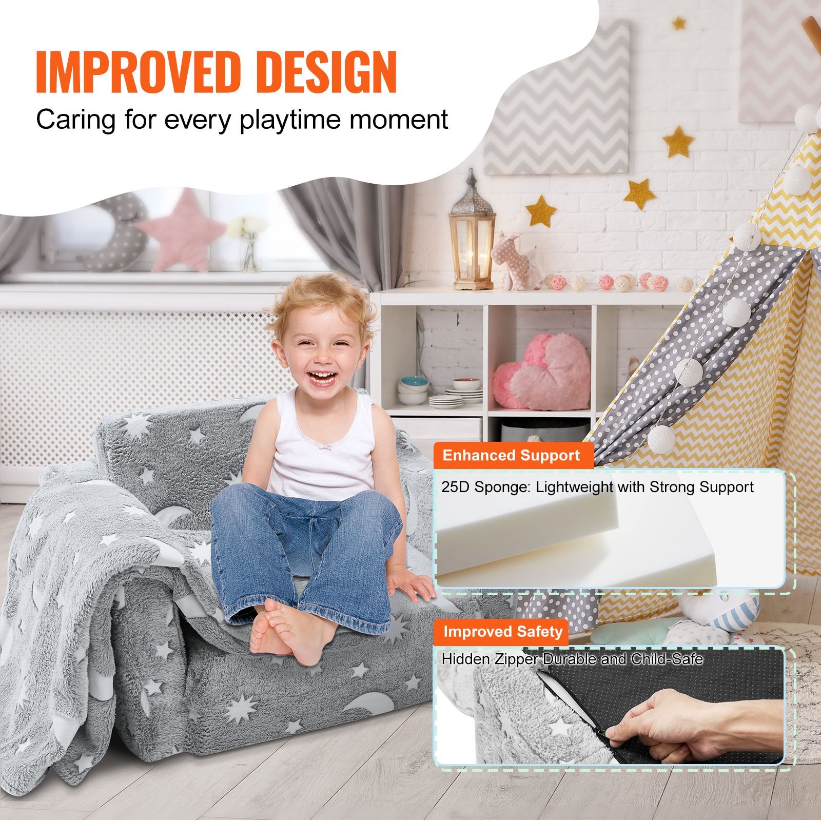 Fold-out Kids Sofa, Glow-in-the-Dark Kids Couch Chair, 2-in-1 Children Convertible Sofa to Lounger, Extra V952-ETSFZDSF00008T8FPV0