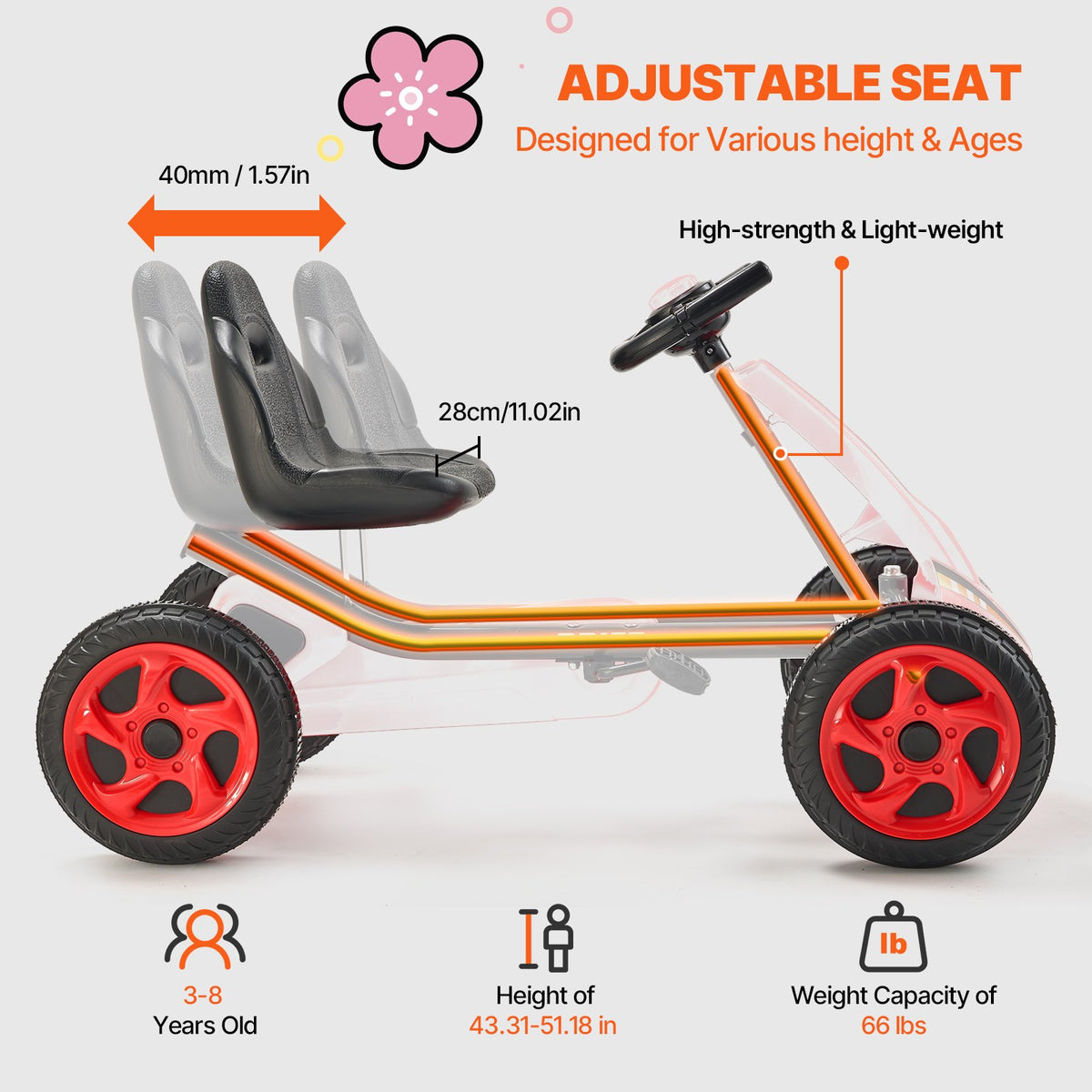 Go Kart 4 Wheel Pedal Ride On Toy for Kids Ages 3-8 Adjustable Seat Red V952-ETTBCJTK38S6FXZBJV0