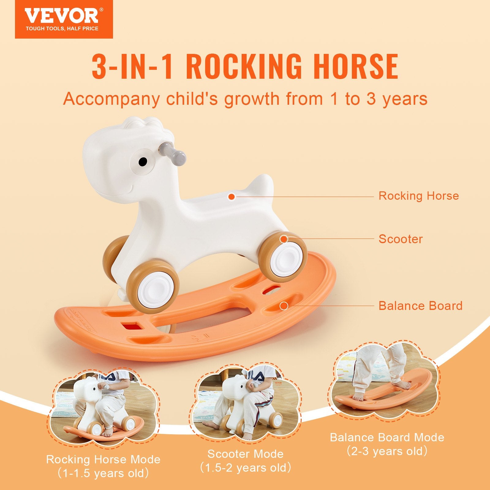 3 in 1 Rocking Horse for Toddlers 1-3 Years, Baby Rocking Horse with Detachable Balance Board and 4 Smooth V952-ETYBMHSSLDGNRHG1RV0