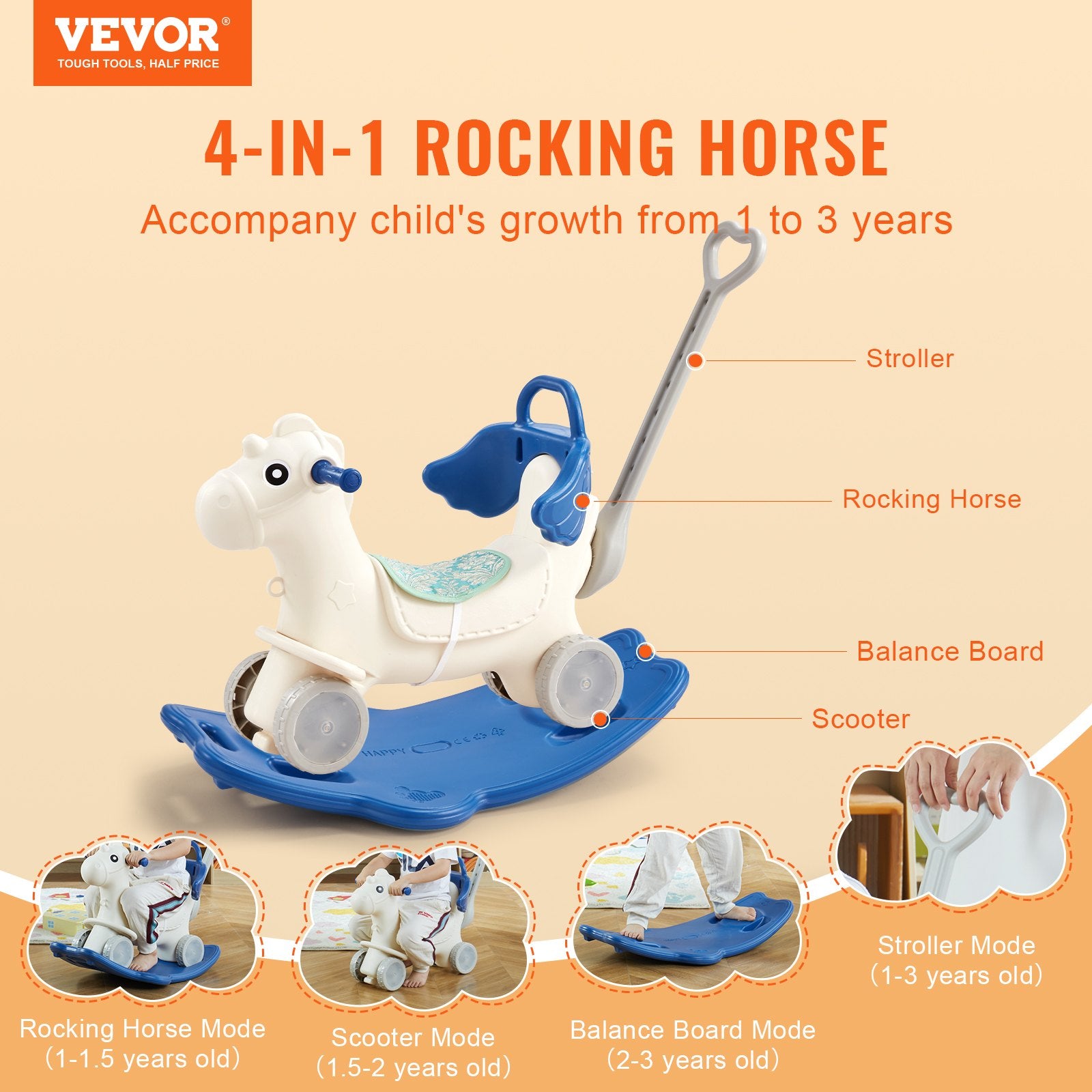 4 in 1 Rocking Horse for Toddlers 1-3 Years, Baby Rocking Horse with Detachable Balance Board, Push Handle V952-ETYBMSLDGNKTHCEGGV9