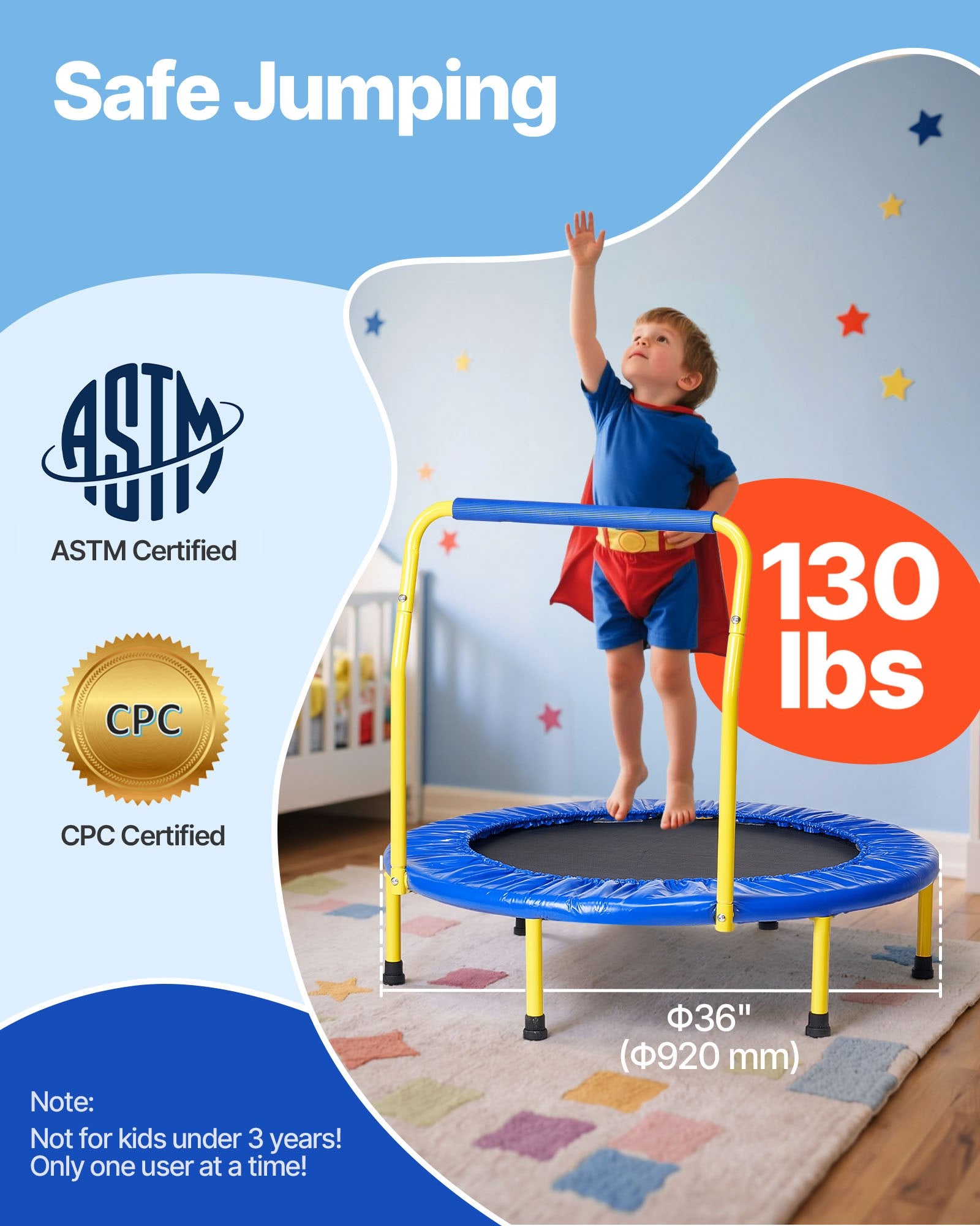 3FT Trampoline for Kids, 92 cm Trampolines Indoor/Outdoor Trampoline for Toddlers, Foldable Mini Baby V952-ETYXBC3YCYXBM625VV0