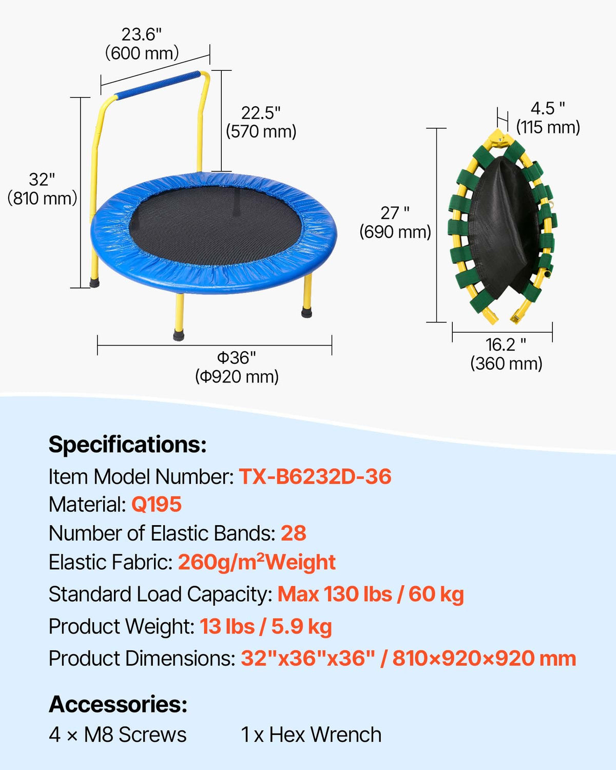 3FT Trampoline for Kids, 92 cm Trampolines Indoor/Outdoor Trampoline for Toddlers, Foldable Mini Baby V952-ETYXBC3YCYXBM625VV0