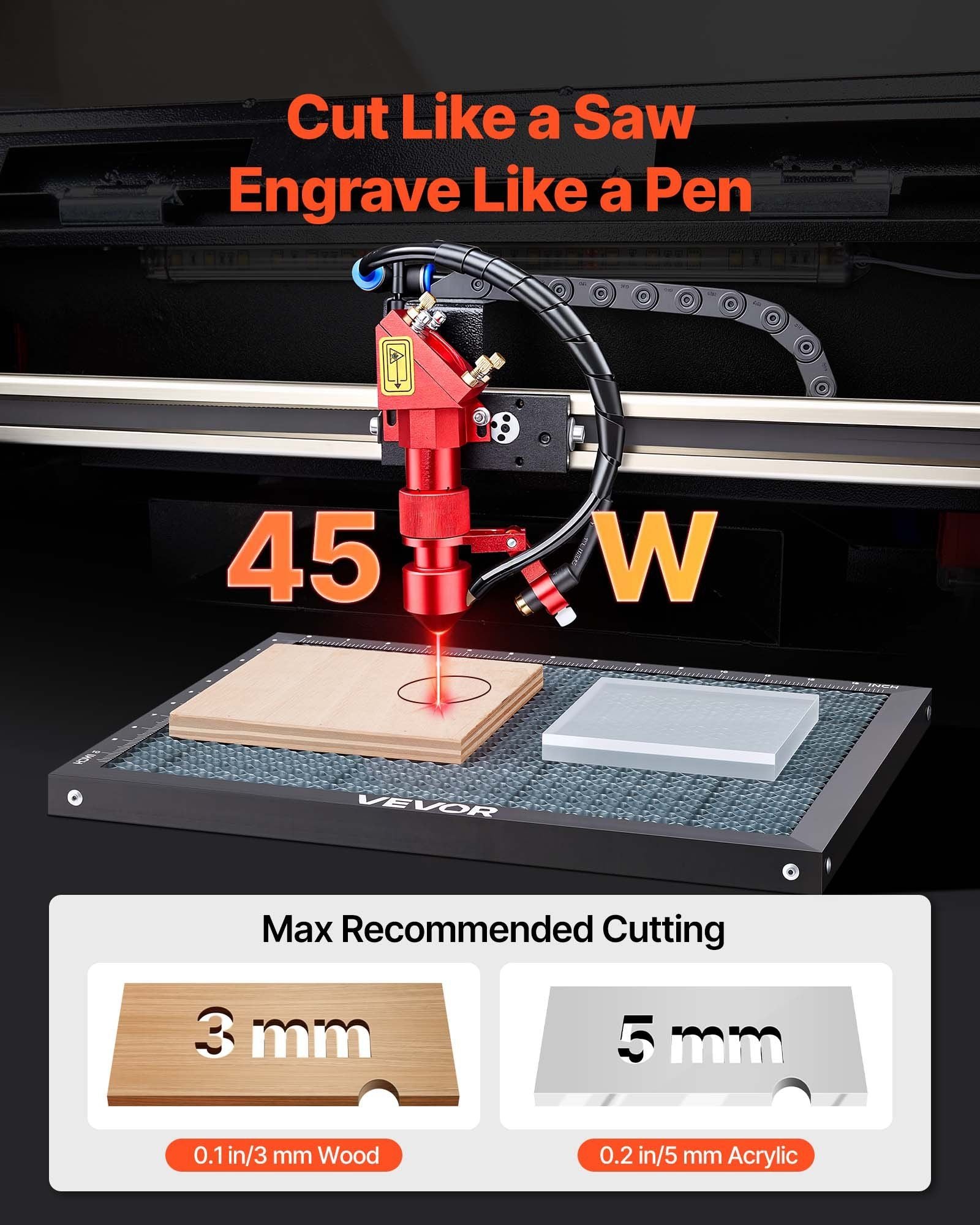 45W CO2 Laser Engraver, 300 x 200 mm, Desktop CO2 Laser Engraver Cutter Machine with Rotary Axis, Air Assist, V952-EYHTJGDKJTMS7FYAW001V3