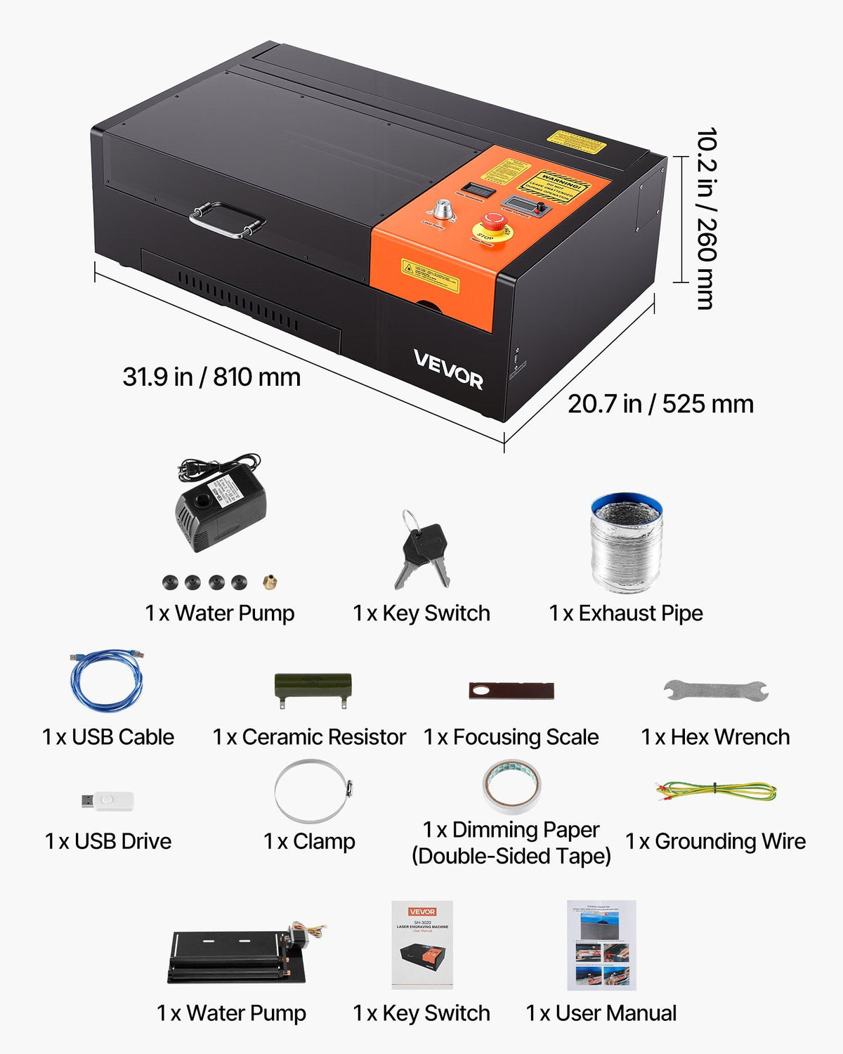 45W CO2 Laser Engraver, 300 x 200 mm, Desktop CO2 Laser Engraver Cutter Machine with Rotary Axis, Air Assist, V952-EYHTJGDKJTMS7FYAW001V3