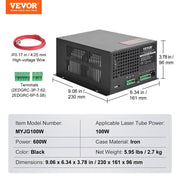CO2 Laser Power Supply, 100W, Power Supply for 100W Laser Tube, Constant Current Protection, Open Circuit V952-EYHTJGGDY1000KR1IV7