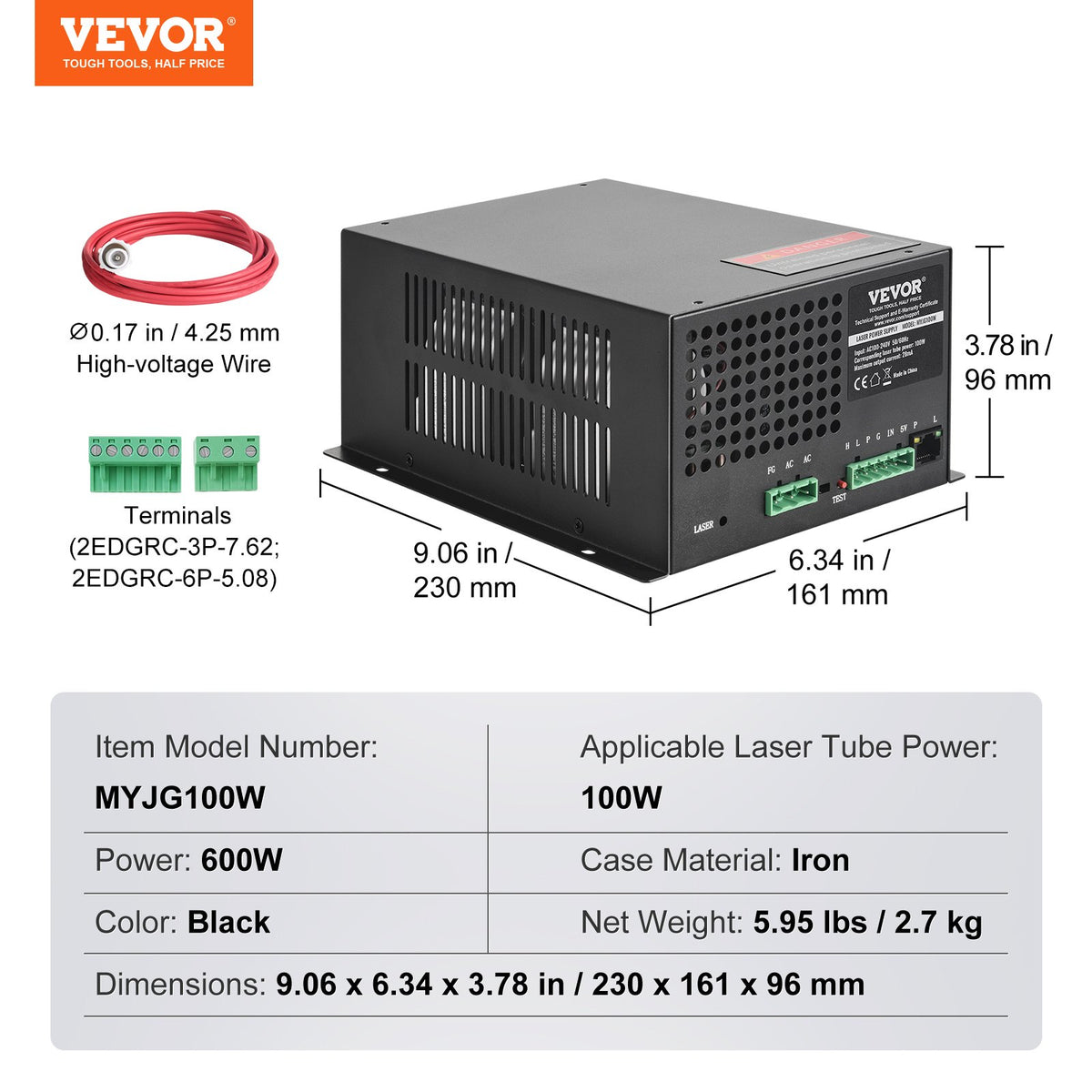 CO2 Laser Power Supply, 100W, Power Supply for 100W Laser Tube, Constant Current Protection, Open Circuit V952-EYHTJGGDY1000KR1IV7