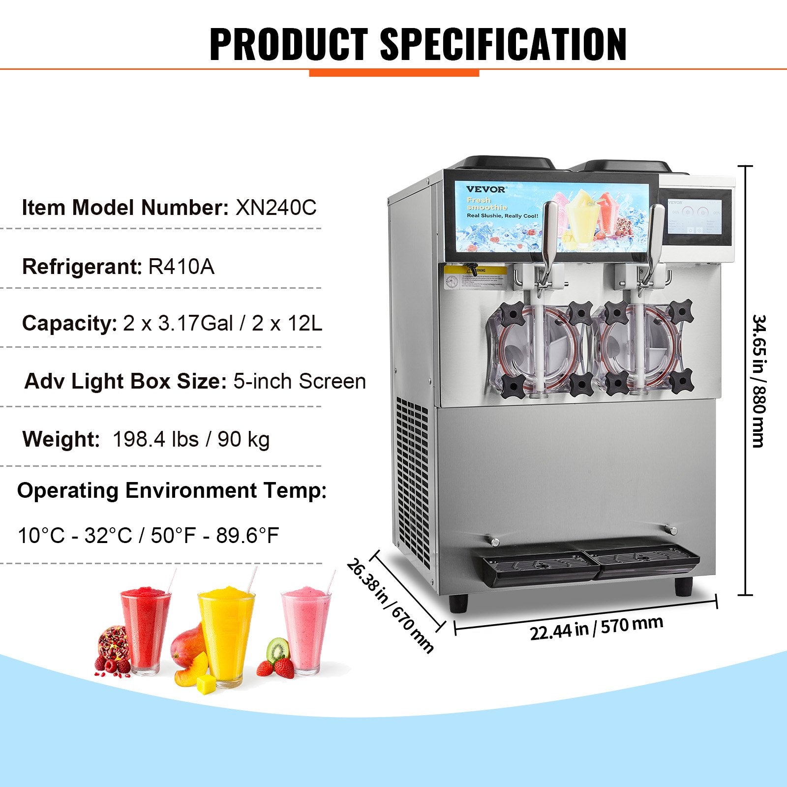 Commercial Slushy Machine, 2 x 12L / 3.17 Gal Double Tanks, Cool and Freeze Modes, Stainless Steel Margarita V952-FB8L4L22000W2RDAFV3