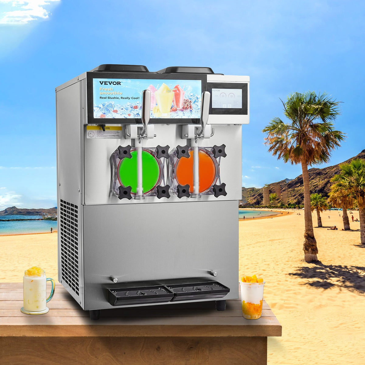 Commercial Slushy Machine, 2 x 12L / 3.17 Gal Double Tanks, Cool and Freeze Modes, Stainless Steel Margarita V952-FB8L4L22000W2RDAFV3