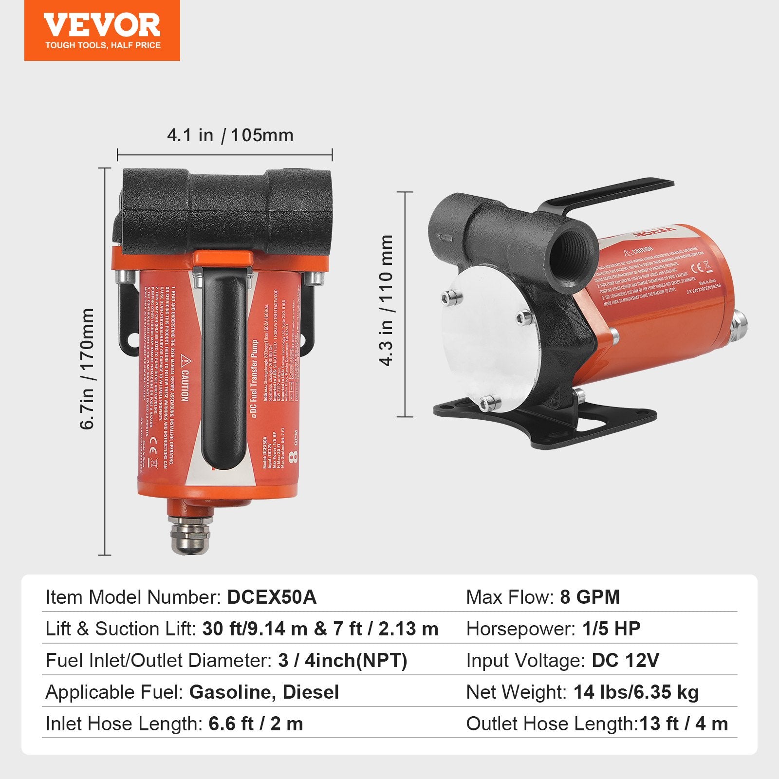 Fuel Transfer Pump 12V 8 GPM 1/6 HP Diesel Pump with Auto Fuel Nozzle V952-FBBMG8GPM16H7QUUSV9