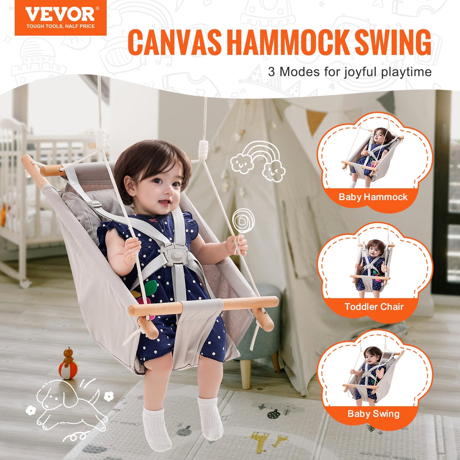 Canvas Hammock Swing, 3 Modes Baby Swing Indoor and Outdoor with 5-Point Harness, and Tree Straps, 150lbs V952-FBDCQQZYFBZYMBCRWV0