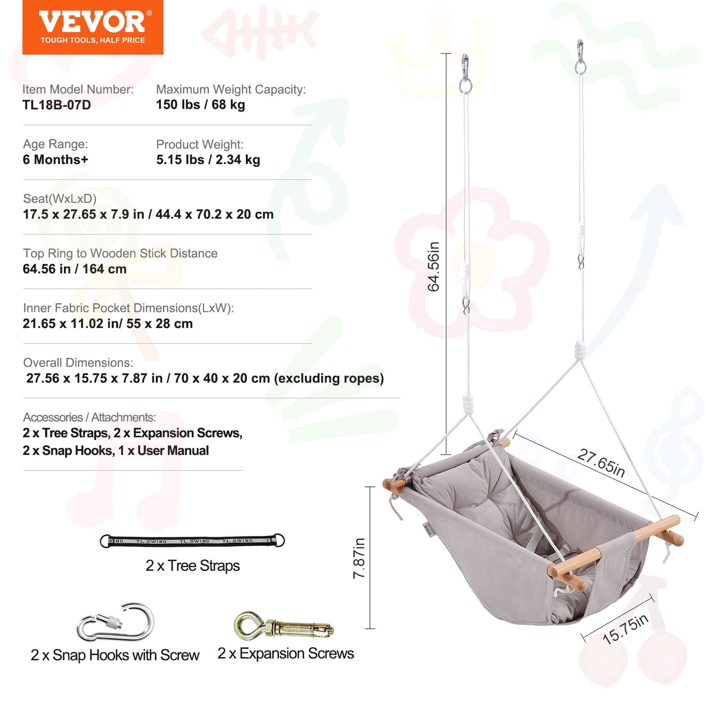 Canvas Hammock Swing, 3 Modes Baby Swing Indoor and Outdoor with 5-Point Harness, and Tree Straps, 150lbs V952-FBDCQQZYFBZYMBCRWV0