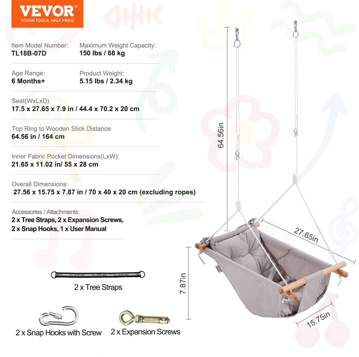 Canvas Hammock Swing, 3 Modes Baby Swing Indoor and Outdoor with 5-Point Harness, and Tree Straps, 150lbs V952-FBDCQQZYFBZYMBCRWV0