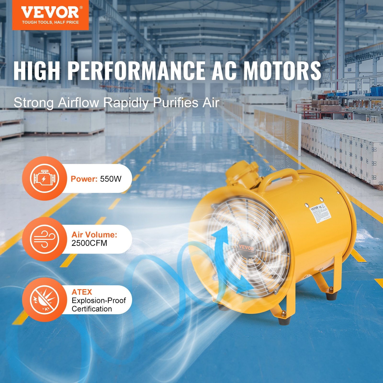 Portable Ventilator, 304.8mm/12inch Heavy Duty Cylinder Fan, 550W Strong Shop Exhaust Fan 2500CFM, 3m Power V952-FBGSZ550W12INQAWHV3
