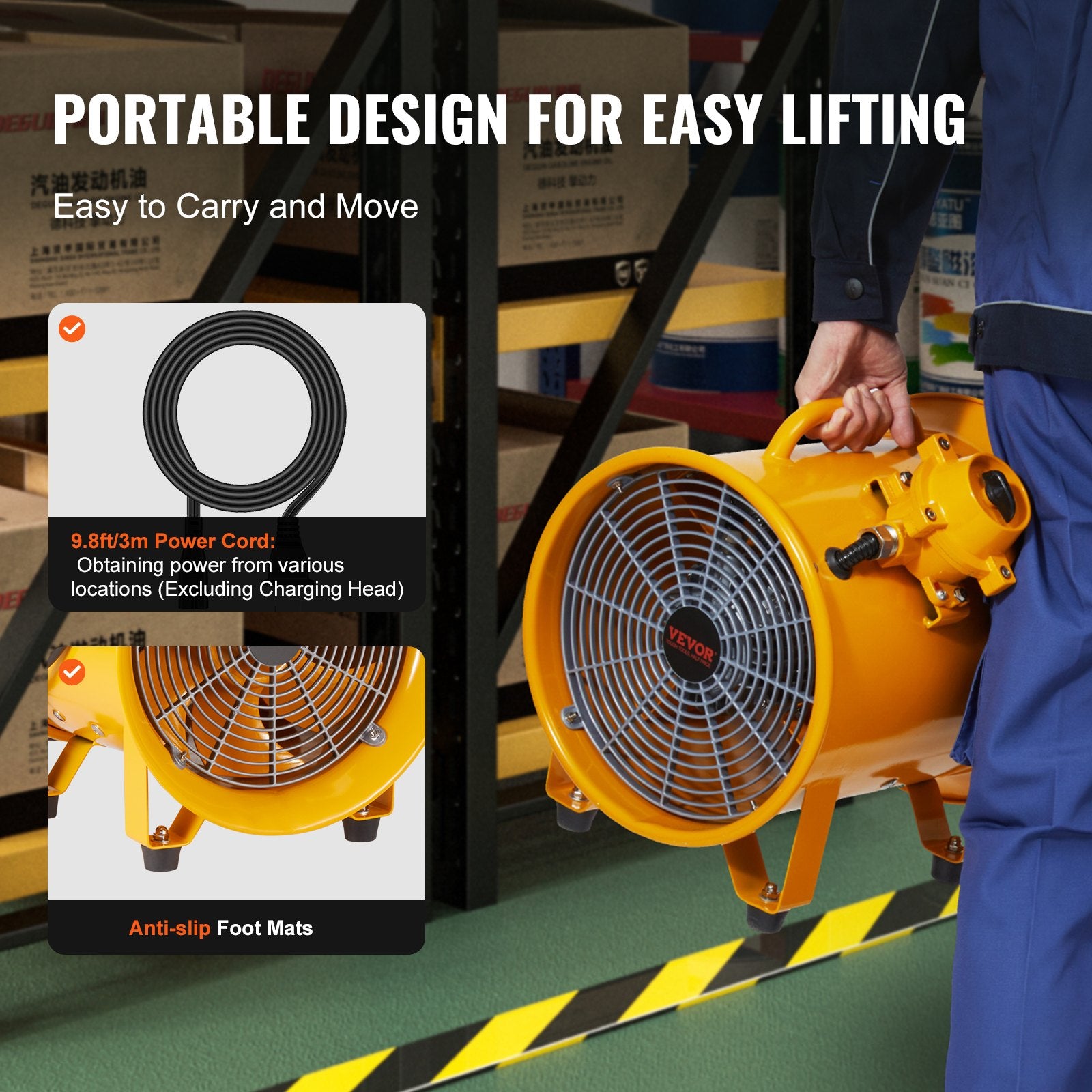 Portable Ventilator, 304.8mm/12inch Heavy Duty Cylinder Fan, 550W Strong Shop Exhaust Fan 2500CFM, 3m Power V952-FBGSZ550W12INQAWHV3