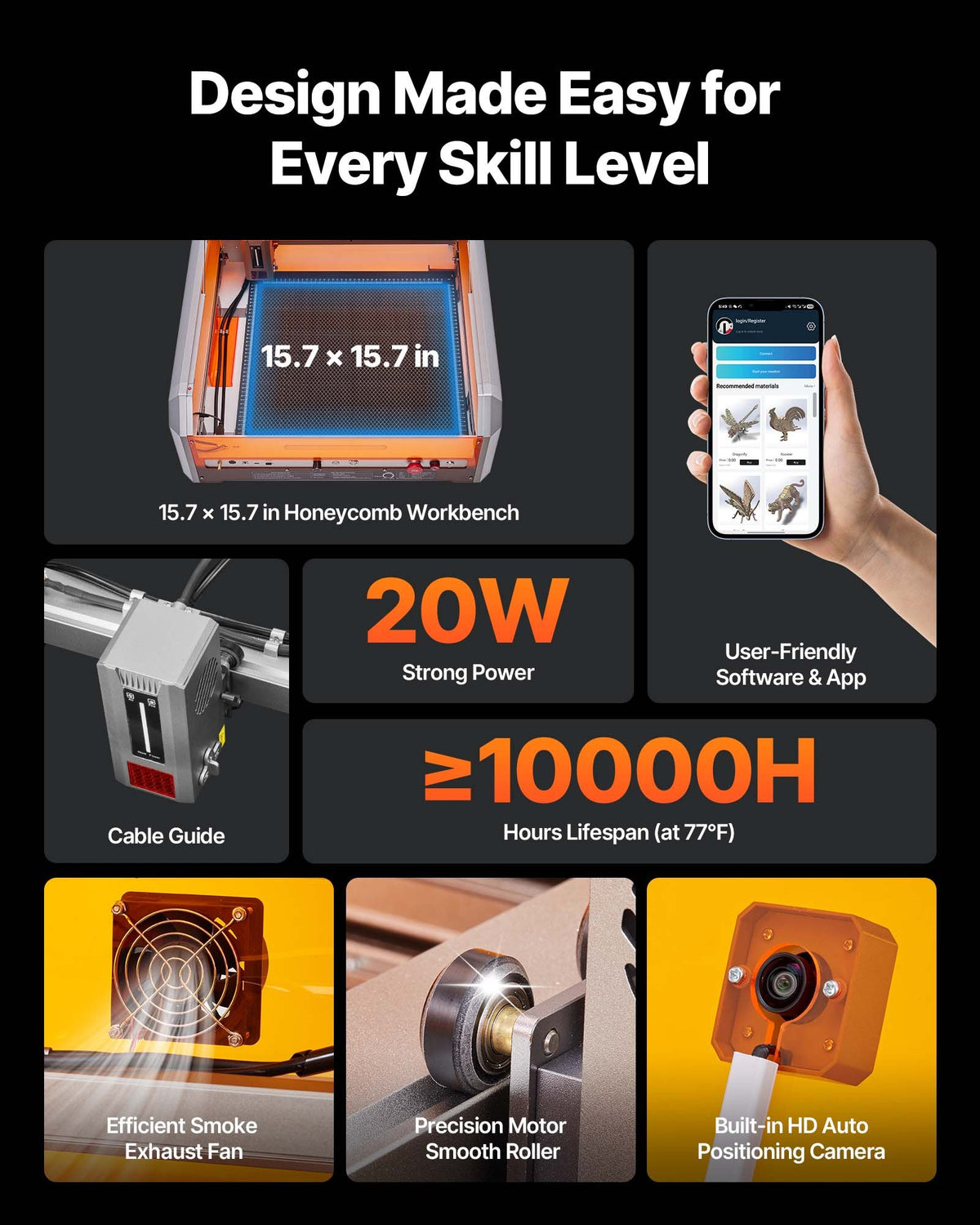 Laser Engraver, 20W, Laser Engraving and Cutting Machine with Enclosure Camera, Laser Cutter, 400 x 400 mm V952-FBSJGDKJ4040EZLRF001V3