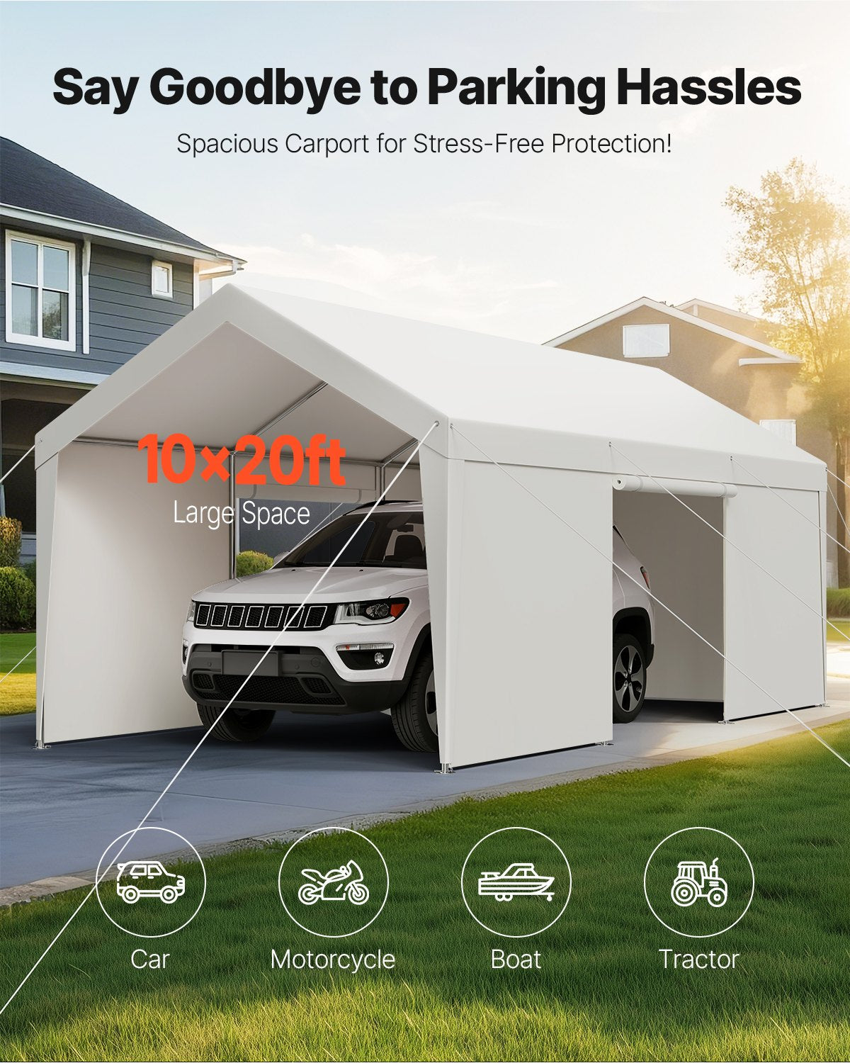 Carport Car Canopy 10x20FT Heavy Duty Car Shelter with Sidewalls White V952-FBSJSQCCKBS8A5233001V0