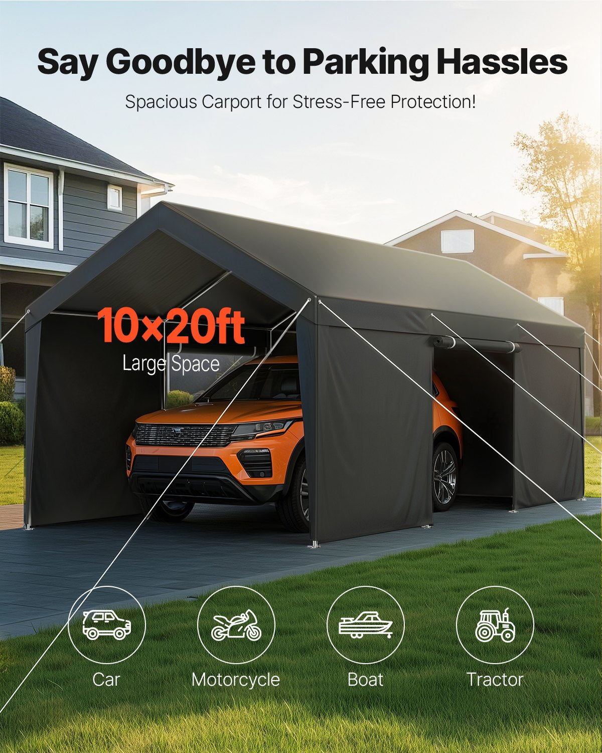 Carport Car Canopy 10x20FT Heavy Duty Car Shelter with Sidewalls White V952-FBSJSQCCKHS886LB9001V0