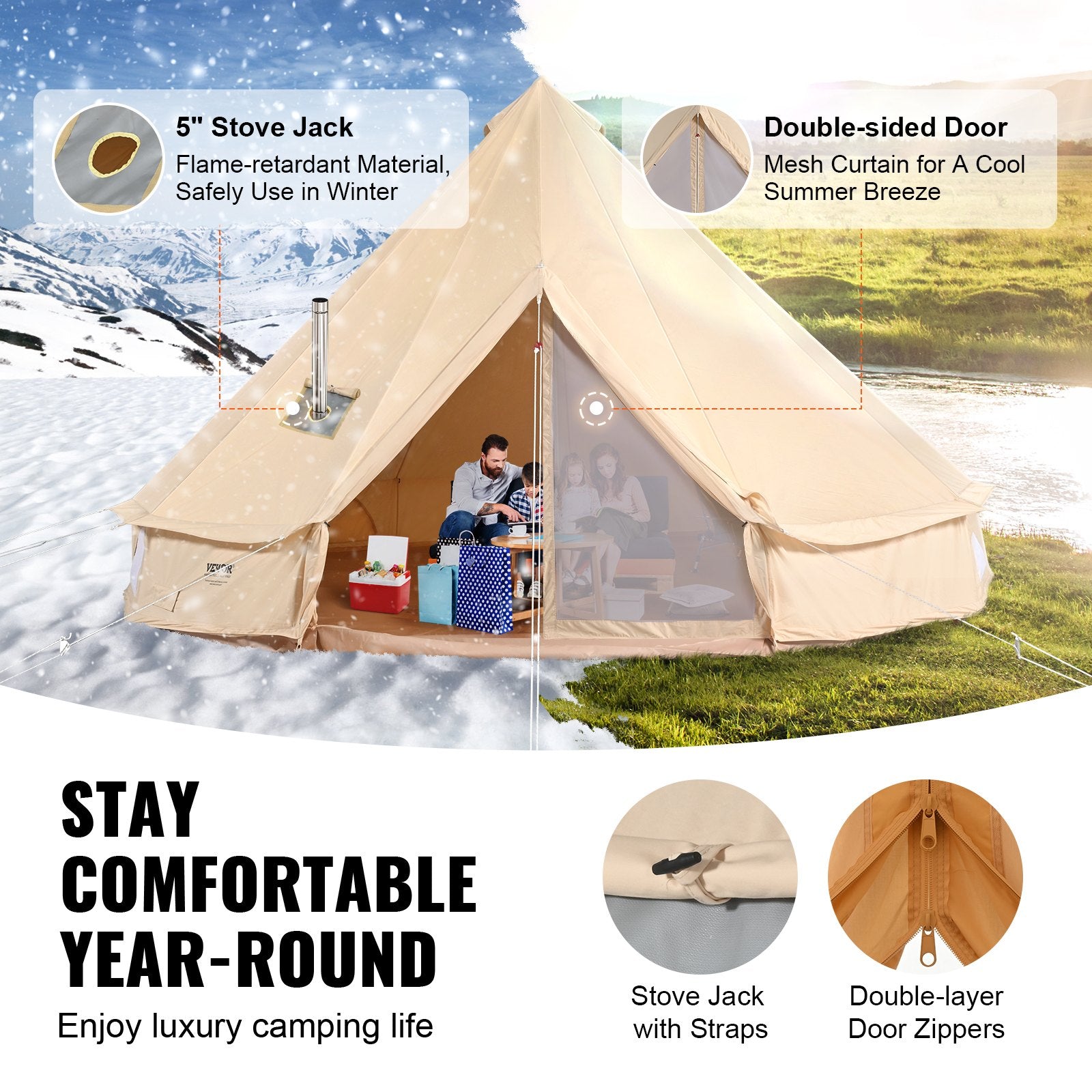 Canvas Bell Tent, 4 Seasons 7 m/22.97 ft Yurt Tent, Canvas Tent for Camping with Stove Jack, Breathable Tent V952-FBZXZP7MMGBZ9SSOBV0