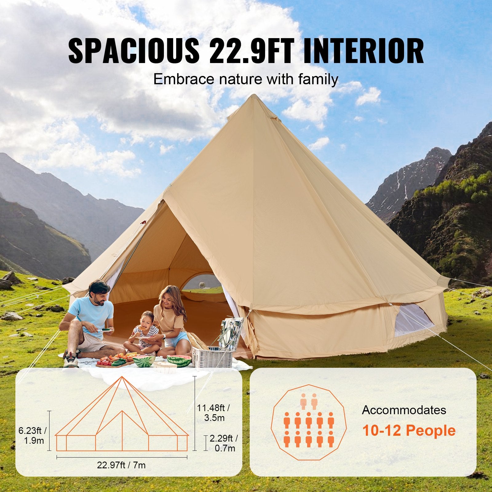 Canvas Bell Tent, 4 Seasons 7 m/22.97 ft Yurt Tent, Canvas Tent for Camping with Stove Jack, Breathable Tent V952-FBZXZP7MMGBZ9SSOBV0