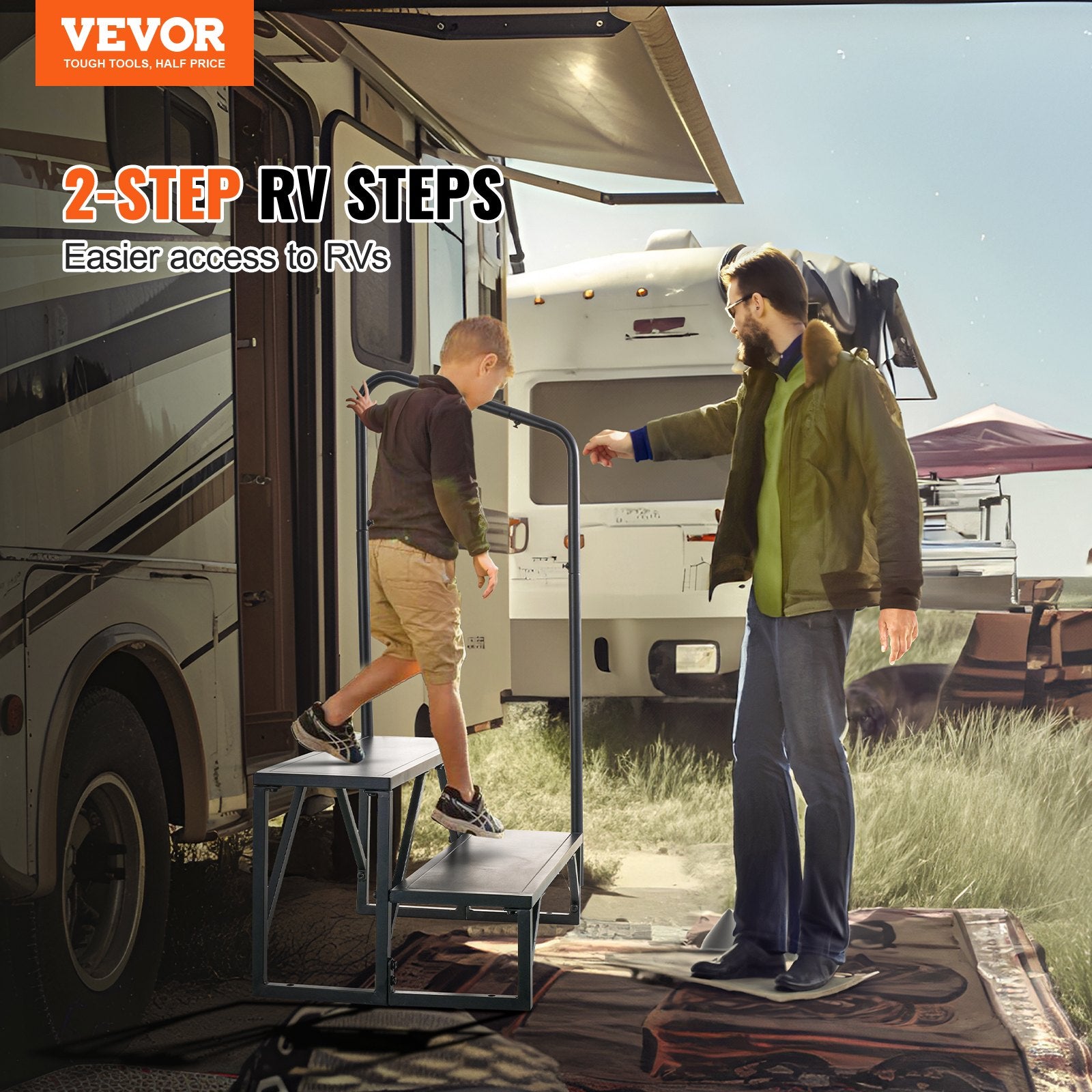 RV Steps, 2-Step RV Stairs, 199.58KGS Load Capacity, Thickened Carbon Steel, With Handrail, Non-Slip Steps V952-FCBTGDKGDKHJ7940CV0