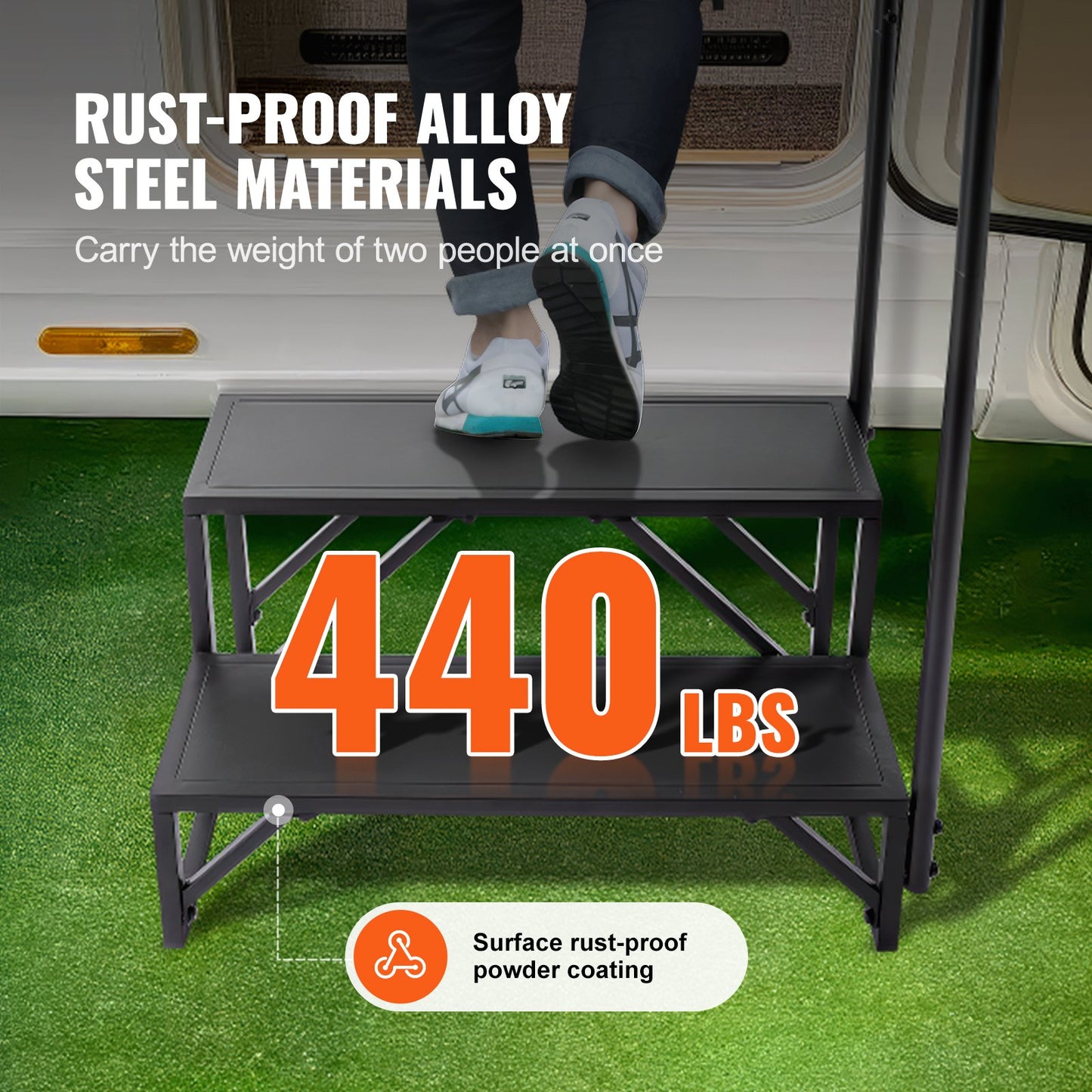 RV Steps, 2-Step RV Stairs, 199.58KGS Load Capacity, Thickened Carbon Steel, With Handrail, Non-Slip Steps V952-FCBTGDKGDKHJ7940CV0