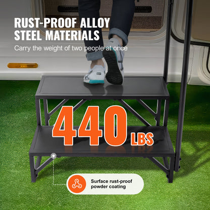 RV Steps, 2-Step RV Stairs, 199.58KGS Load Capacity, Thickened Carbon Steel, With Handrail, Non-Slip Steps V952-FCBTGDKGDKHJ7940CV0