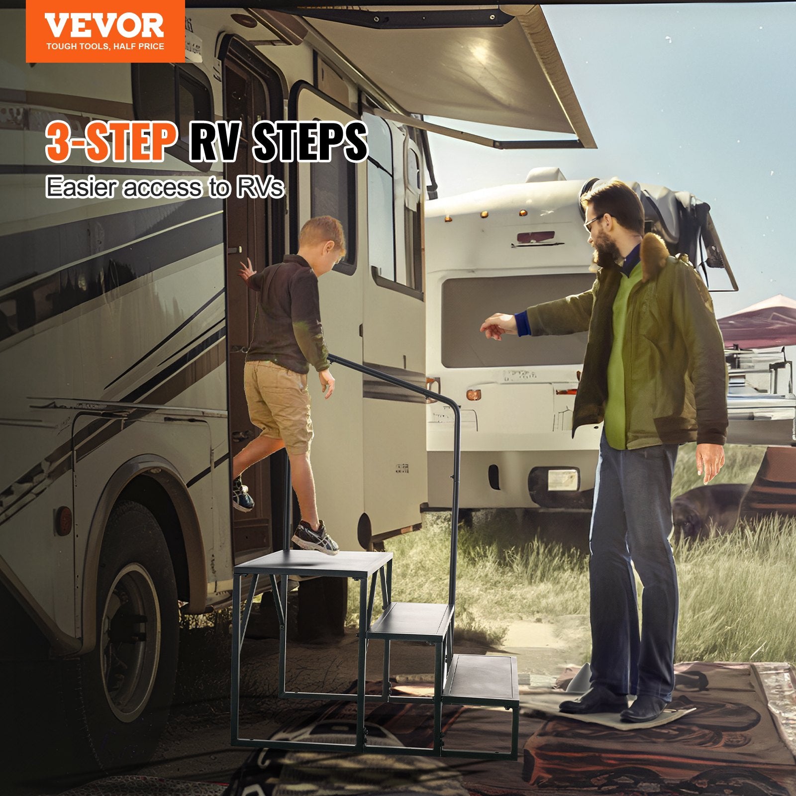 RV Steps, 3-Step RV Stairs, 199.58KGS Load Capacity, Thickened Carbon Steel, With Handrail, Non-Slip Steps V952-FCBTGDKHJG3JJF4MLV0