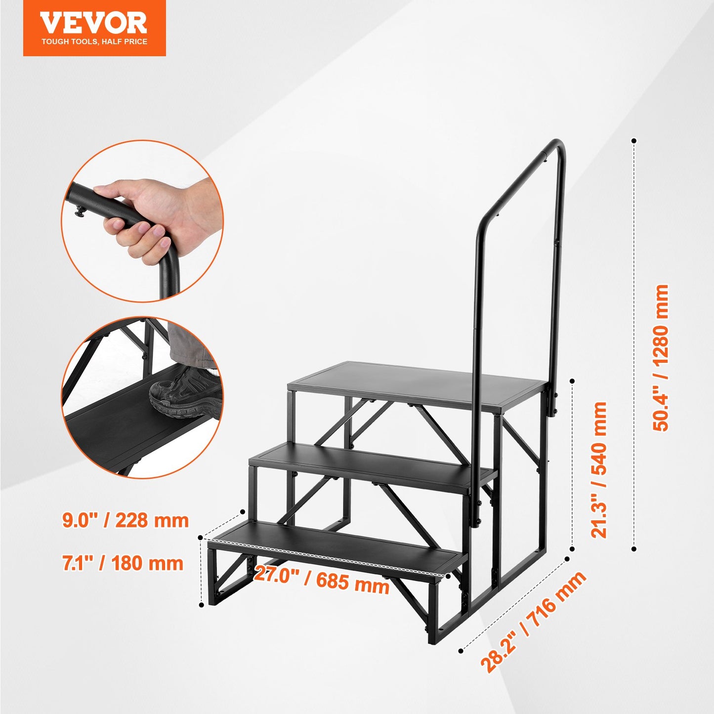 RV Steps, 3-Step RV Stairs, 199.58KGS Load Capacity, Thickened Carbon Steel, With Handrail, Non-Slip Steps V952-FCBTGDKHJG3JJF4MLV0