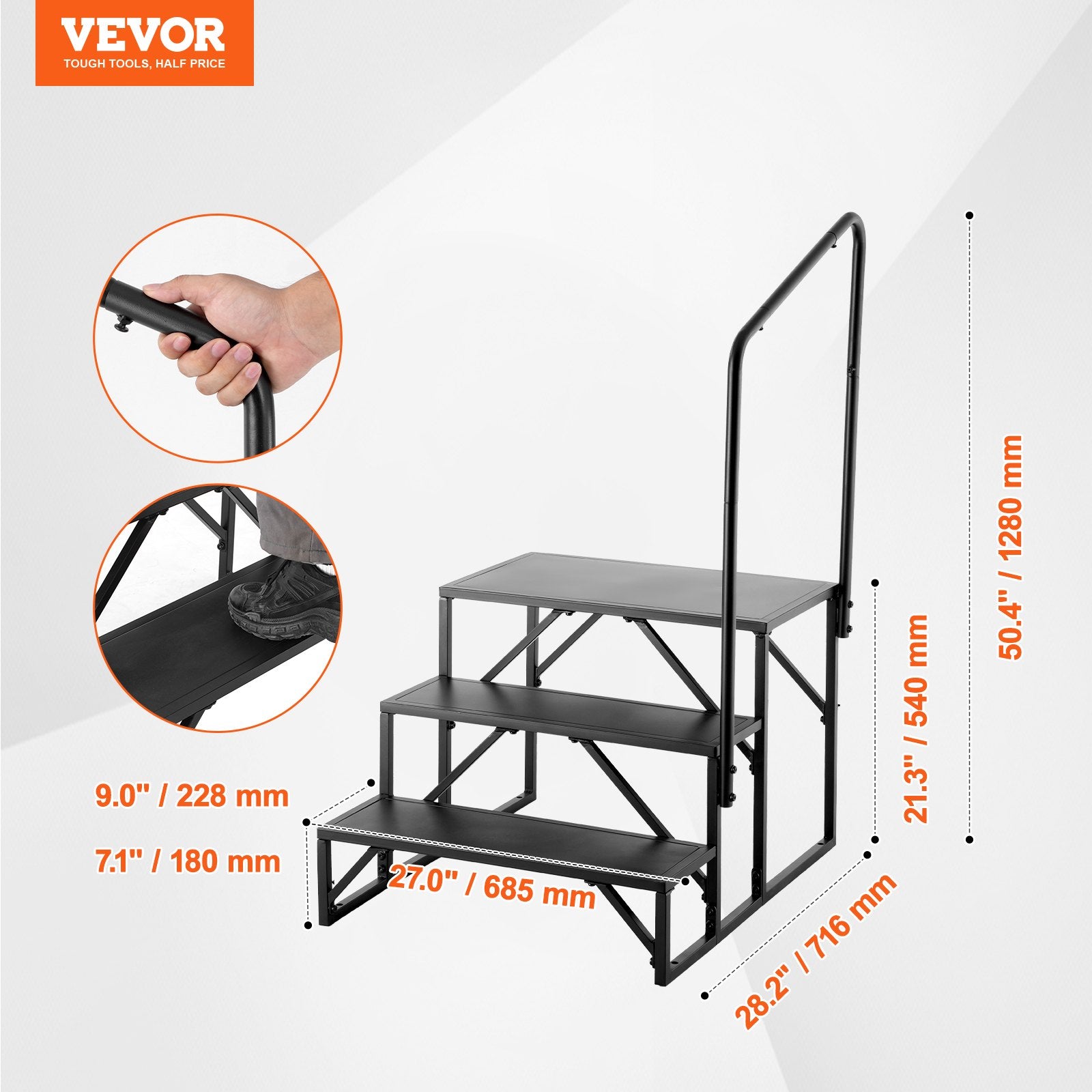 RV Steps, 3-Step RV Stairs, 199.58KGS Load Capacity, Thickened Carbon Steel, With Handrail, Non-Slip Steps V952-FCBTGDKHJG3JJF4MLV0