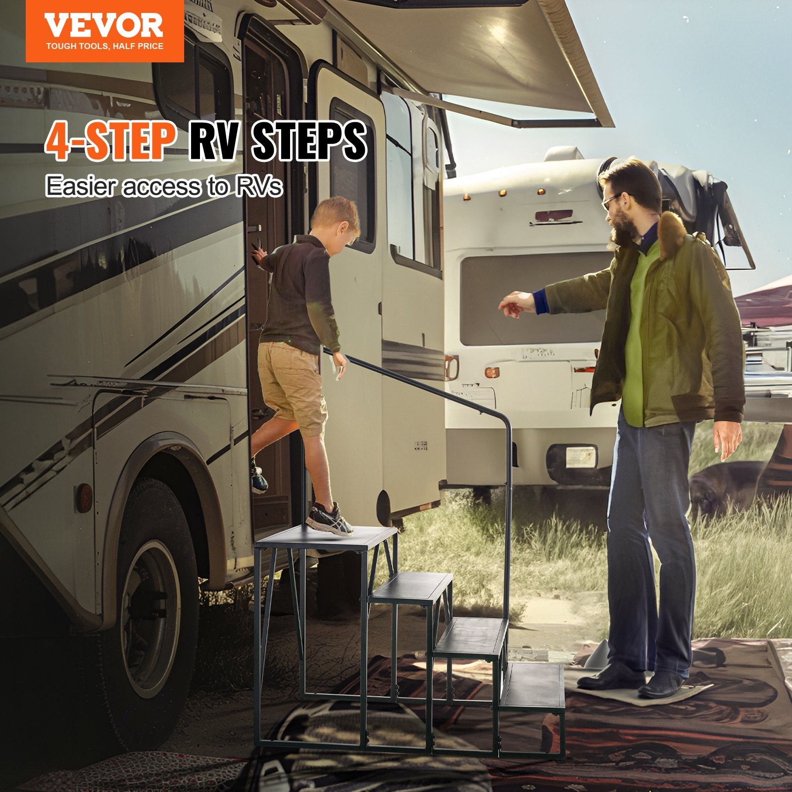 RV Steps, 4-Step RV Stairs, 199.58KGS Load Capacity, Thickened Carbon Steel, With Handrail, Non-Slip Steps V952-FCBTGDKHJG4JE8I22V0