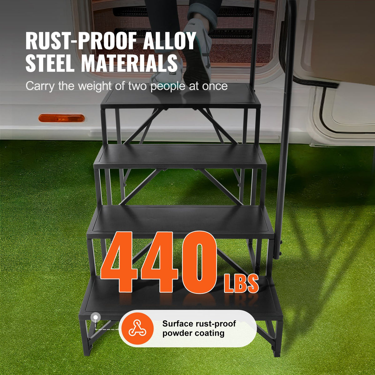 RV Steps, 4-Step RV Stairs, 199.58KGS Load Capacity, Thickened Carbon Steel, With Handrail, Non-Slip Steps V952-FCBTGDKHJG4JE8I22V0