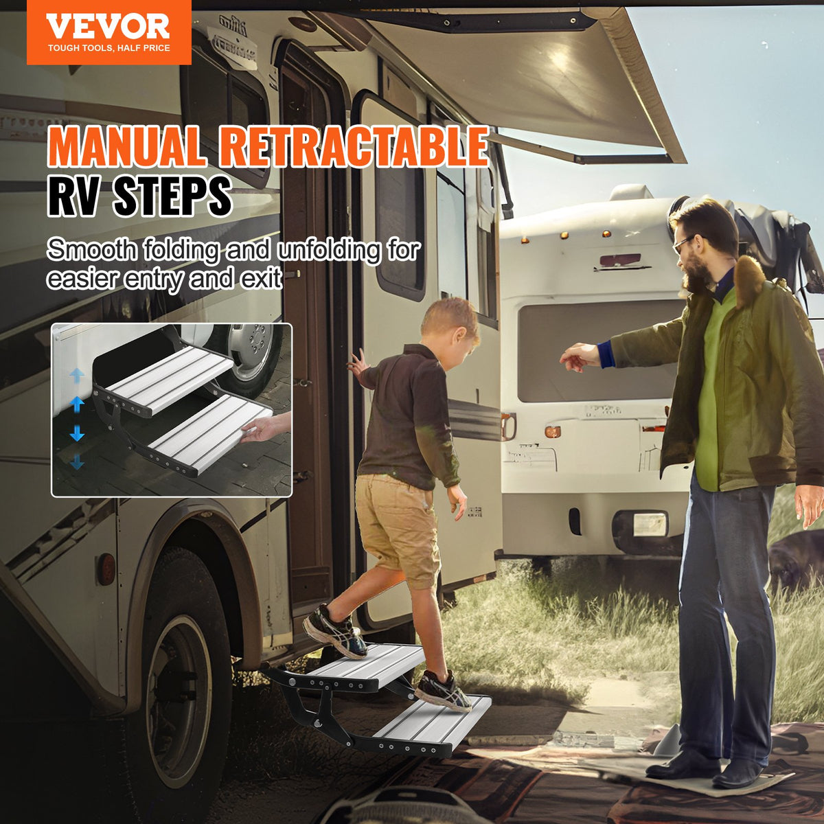 RV Steps, 2-Step, Manual Retractable RV Stairs, Foldable, 440 LBS Load Capacity, Aluminum Alloy Steps, V952-FCBTZDKZDKSDNVHFTV0