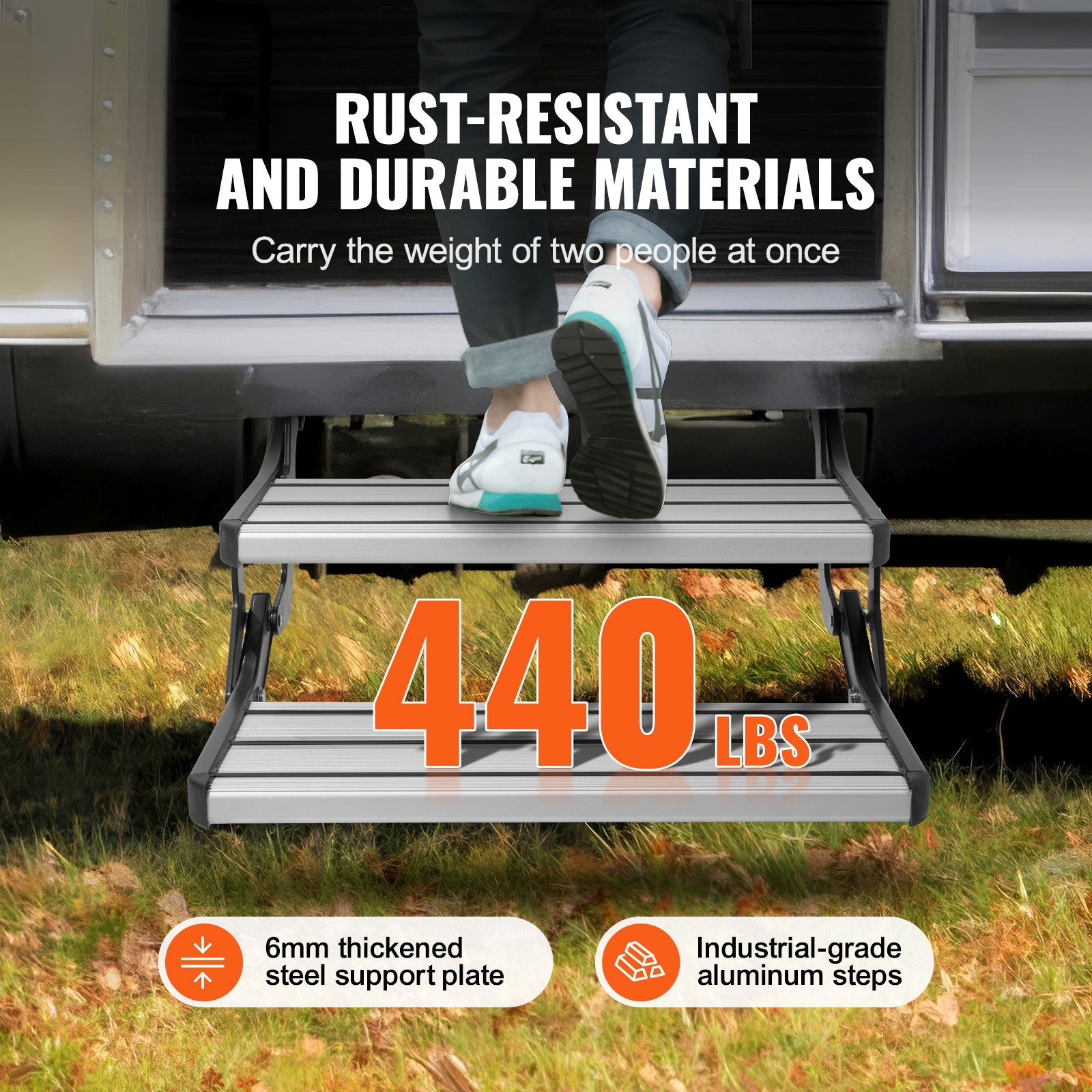 RV Steps, 2-Step, Manual Retractable RV Stairs, Foldable, 440 LBS Load Capacity, Aluminum Alloy Steps, V952-FCBTZDKZDKSDNVHFTV0