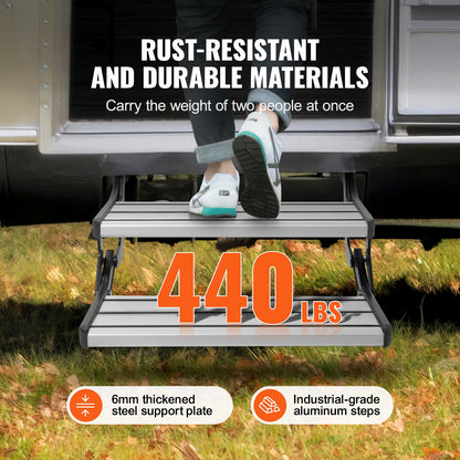 RV Steps, 2-Step, Manual Retractable RV Stairs, Foldable, 440 LBS Load Capacity, Aluminum Alloy Steps, V952-FCBTZDKZDKSDNVHFTV0