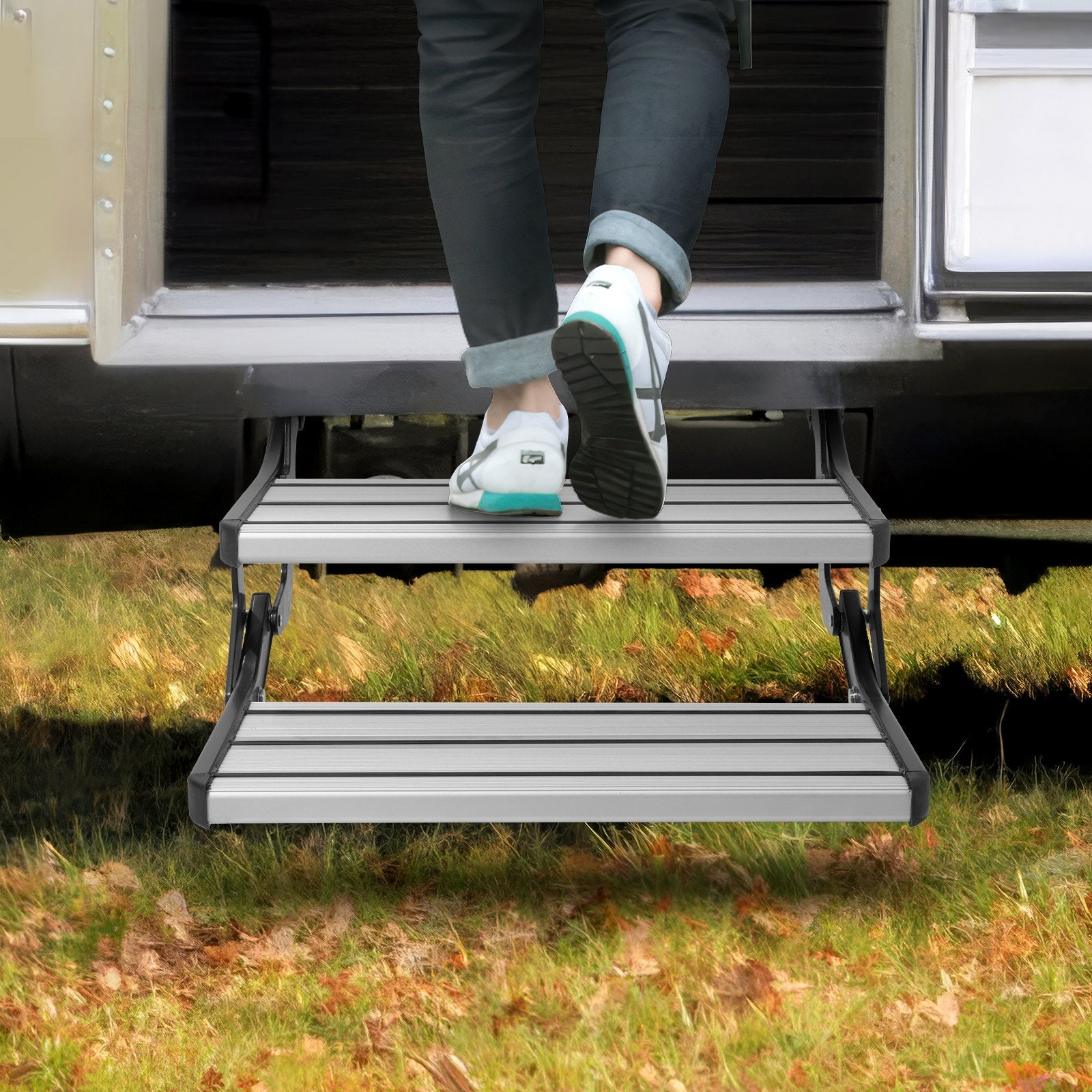 RV Steps, 2-Step, Manual Retractable RV Stairs, Foldable, 440 LBS Load Capacity, Aluminum Alloy Steps, V952-FCBTZDKZDKSDNVHFTV0
