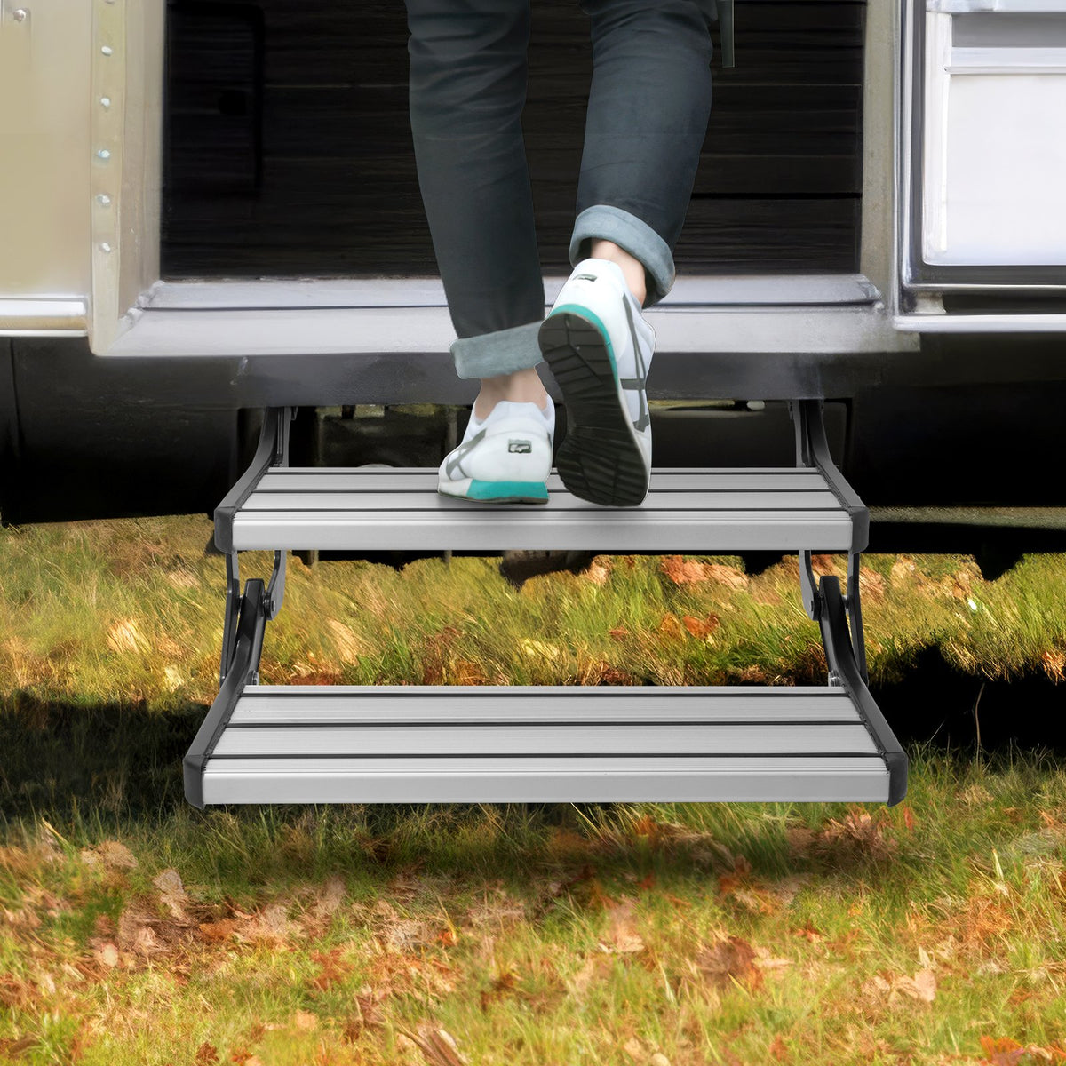 RV Steps, 2-Step, Manual Retractable RV Stairs, Foldable, 440 LBS Load Capacity, Aluminum Alloy Steps, V952-FCBTZDKZDKSDNVHFTV0