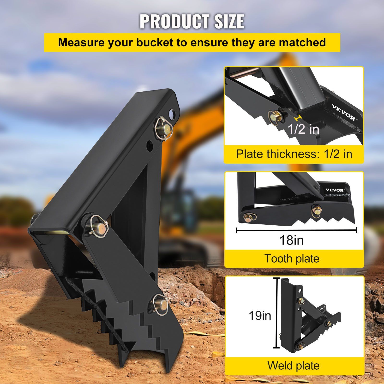 45.7 cm Backhoe Thumb, 12 mm Teeth Thickness Heavy Duty Excavator Thumb, Black Steel Weld On Thumb V952-FCMZ18INCBH12MM01V0