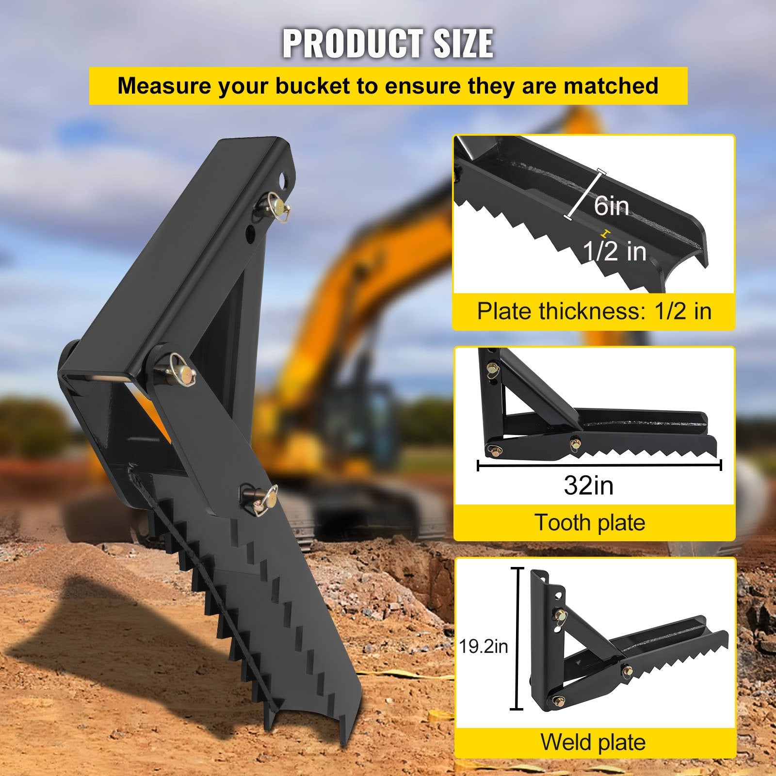 32 inch Backhoe Excavator Thumb Attachments Weld On Adjustable Boom Tractor Excavator 1/2Inch Teeth Thick V952-FCMZ32INCBH12MM01V0