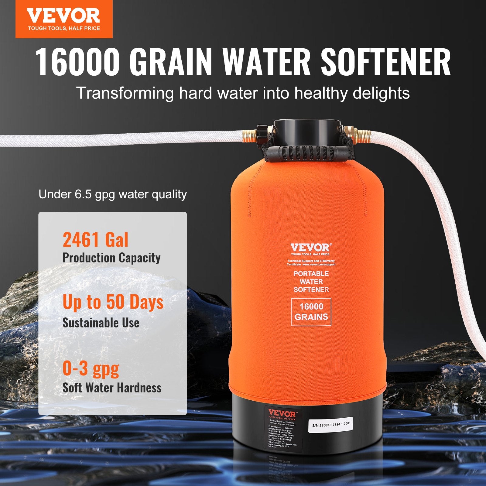 RV Water Softener, 16,000 Grain Portable Water Softener, with 3/4" Brass Fittings and 42" Hose, Soften Hard V952-FCRSQ16000GR44Y1IV0