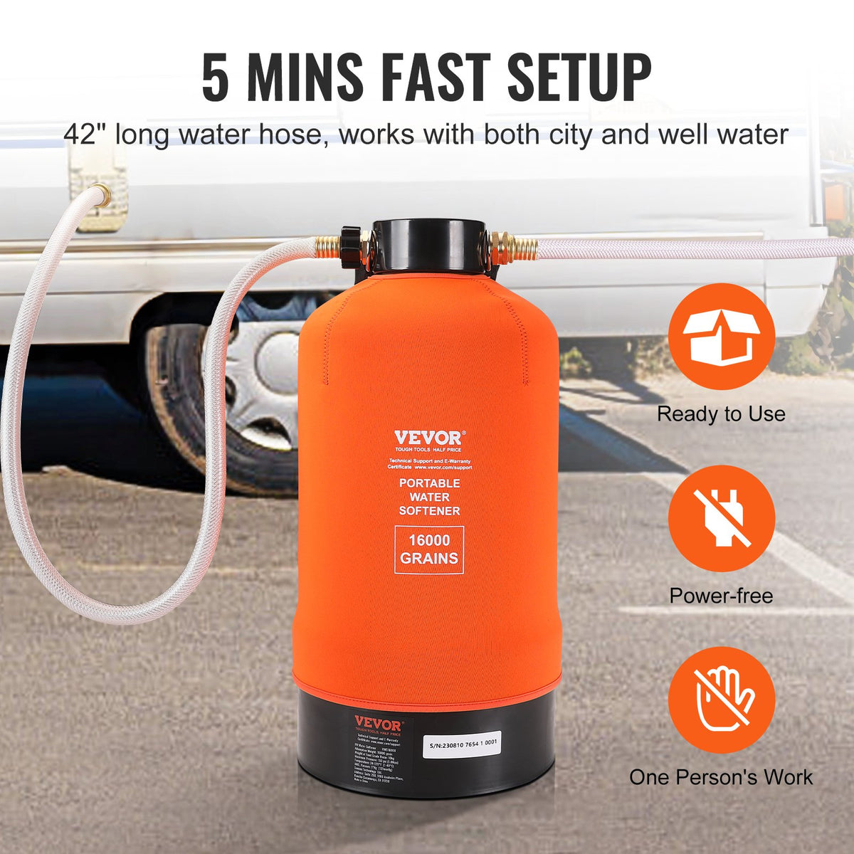 RV Water Softener, 16,000 Grain Portable Water Softener, with 3/4" Brass Fittings and 42" Hose, Soften Hard V952-FCRSQ16000GR44Y1IV0