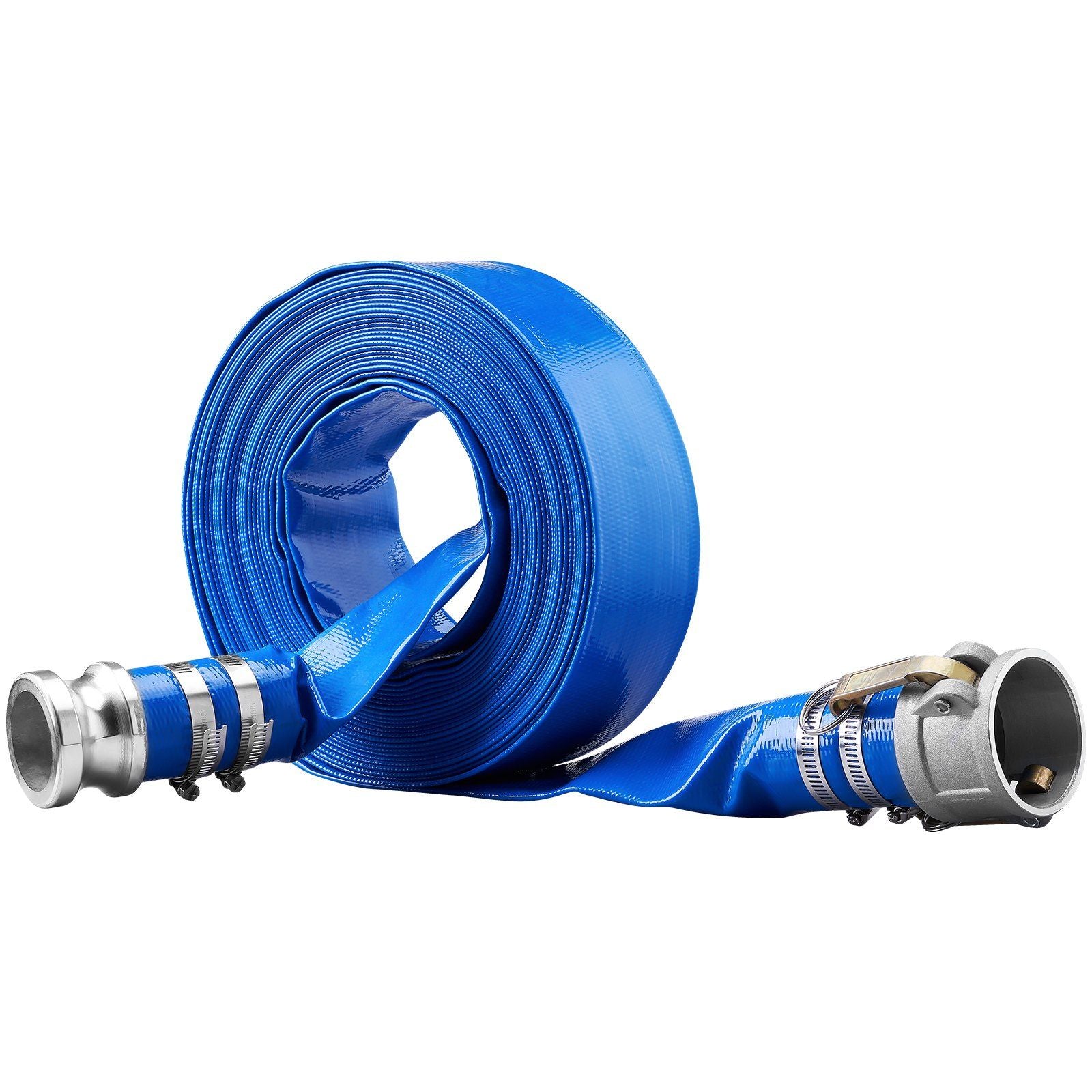 Backwash Hose, 2 in x 50 ft, Heavy-Duty PVC Flat Pool Discharge Hose with Aluminum Camlock C & E Fittings, V952-FCXRG250FTPVCM9TXV0