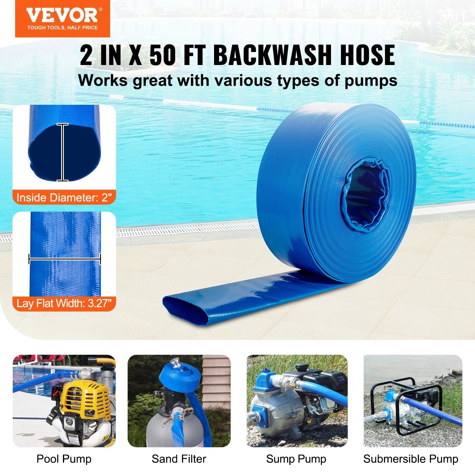 Backwash Hose, 2 in x 50 ft, Heavy-Duty PVC Flat Pool Discharge Hose with Aluminum Camlock C & E Fittings, V952-FCXRG250FTPVCM9TXV0