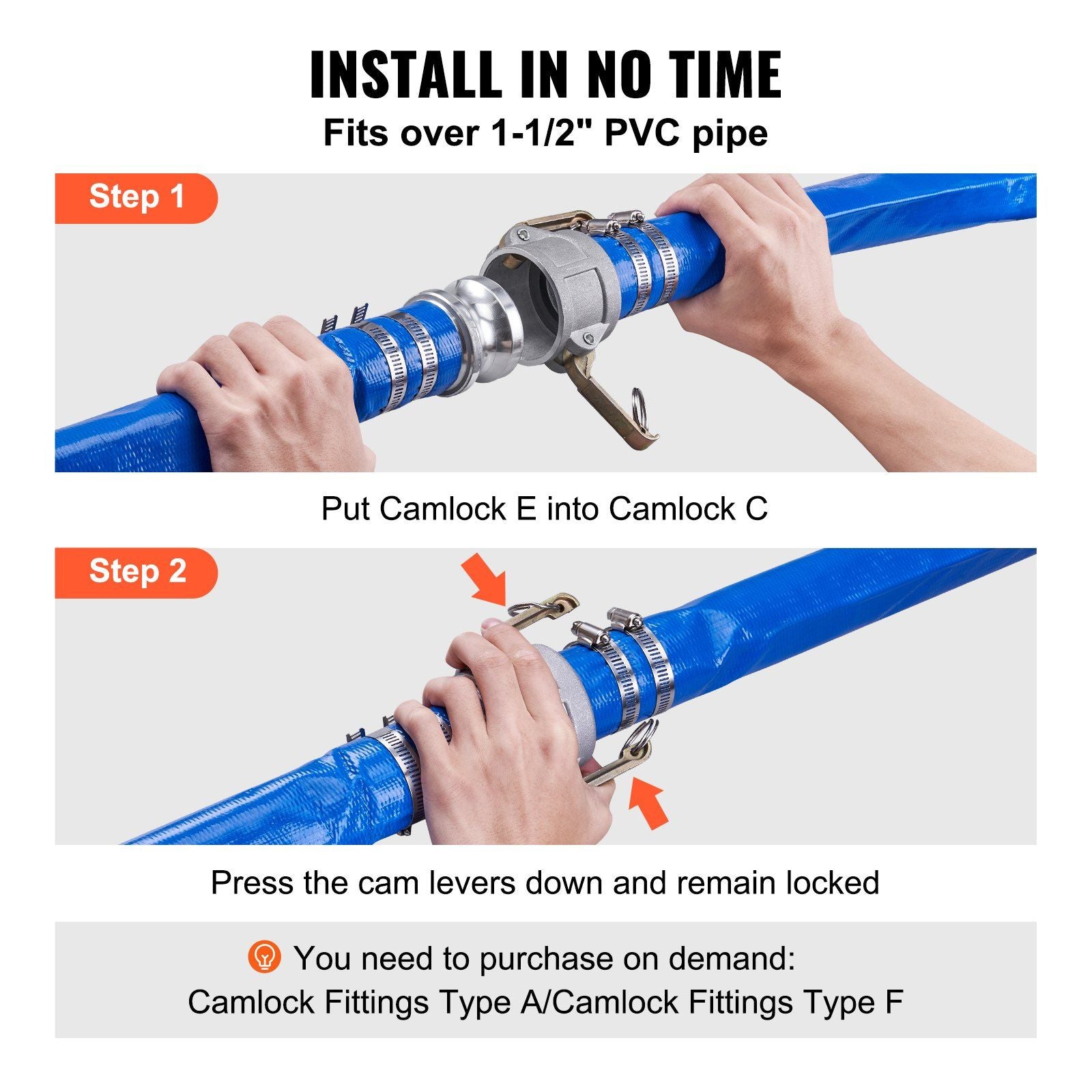 Backwash Hose, 2 in x 50 ft, Heavy-Duty PVC Flat Pool Discharge Hose with Aluminum Camlock C & E Fittings, V952-FCXRG250FTPVCM9TXV0