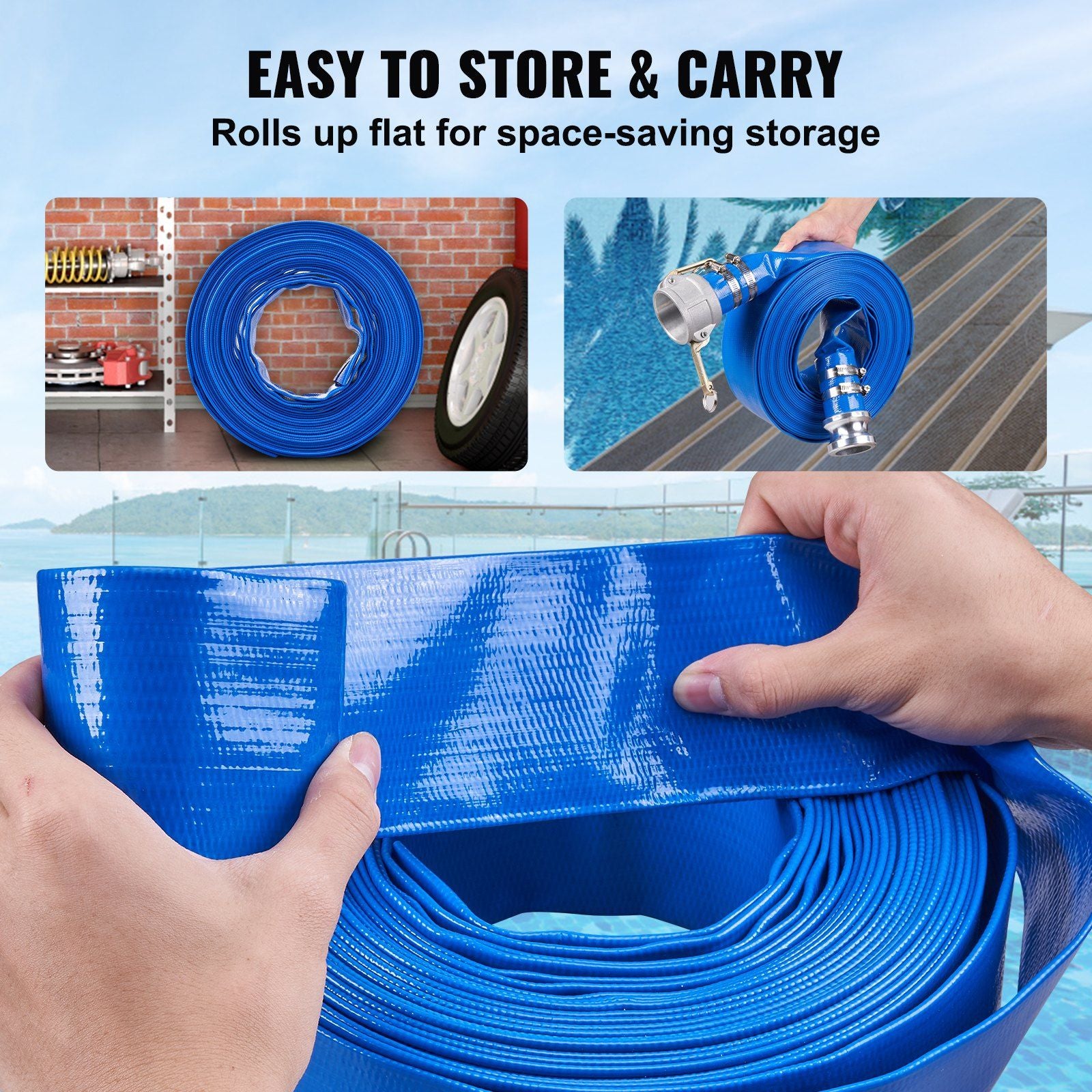 Backwash Hose, 2 in x 50 ft, Heavy-Duty PVC Flat Pool Discharge Hose with Aluminum Camlock C & E Fittings, V952-FCXRG250FTPVCM9TXV0