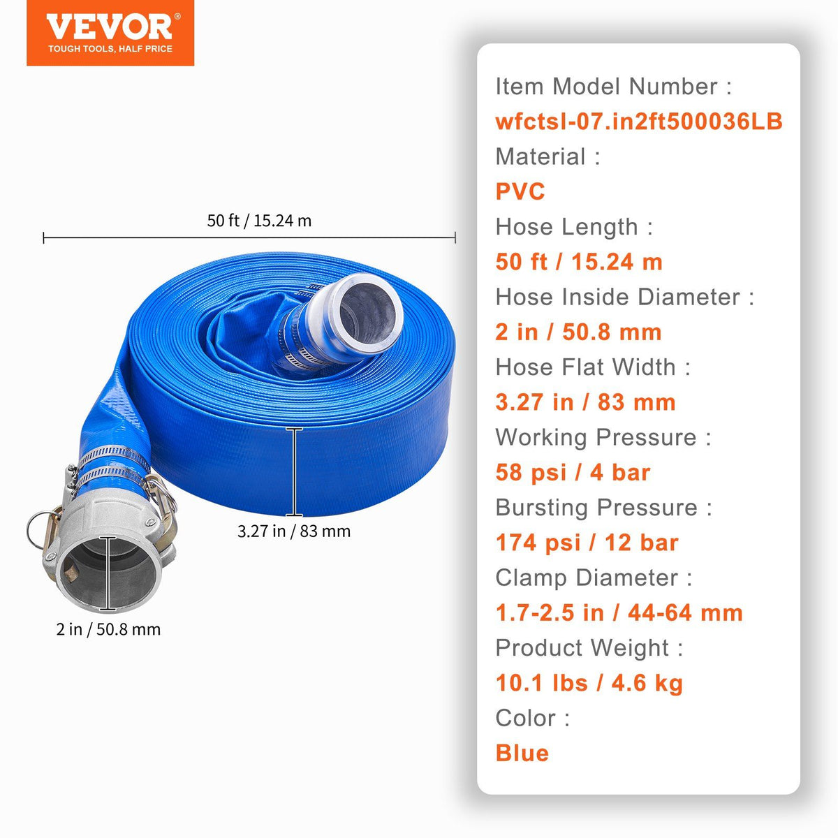 Backwash Hose, 2 in x 50 ft, Heavy-Duty PVC Flat Pool Discharge Hose with Aluminum Camlock C & E Fittings, V952-FCXRG250FTPVCM9TXV0