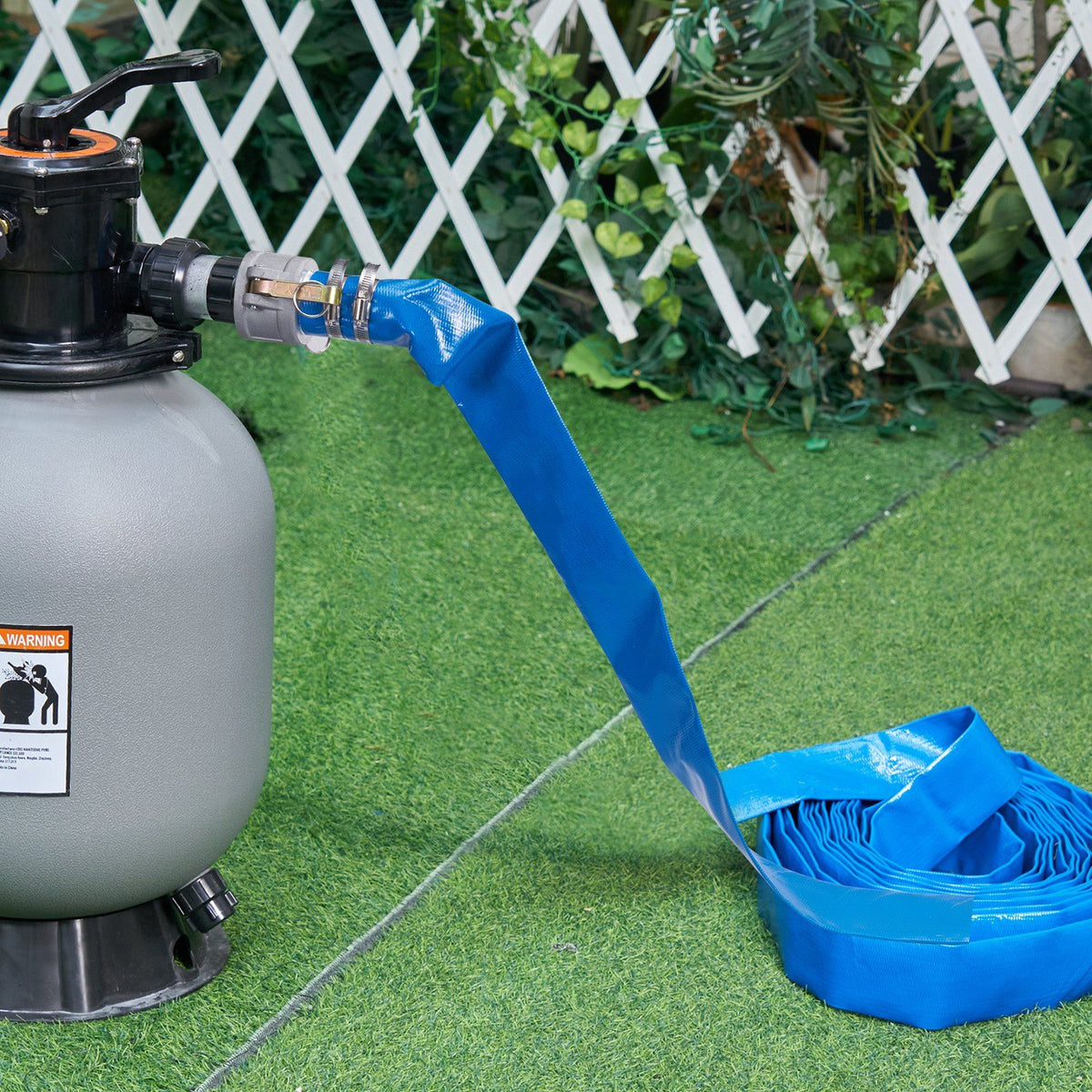 Backwash Hose, 2 in x 50 ft, Heavy-Duty PVC Flat Pool Discharge Hose with Aluminum Camlock C & E Fittings, V952-FCXRG250FTPVCM9TXV0