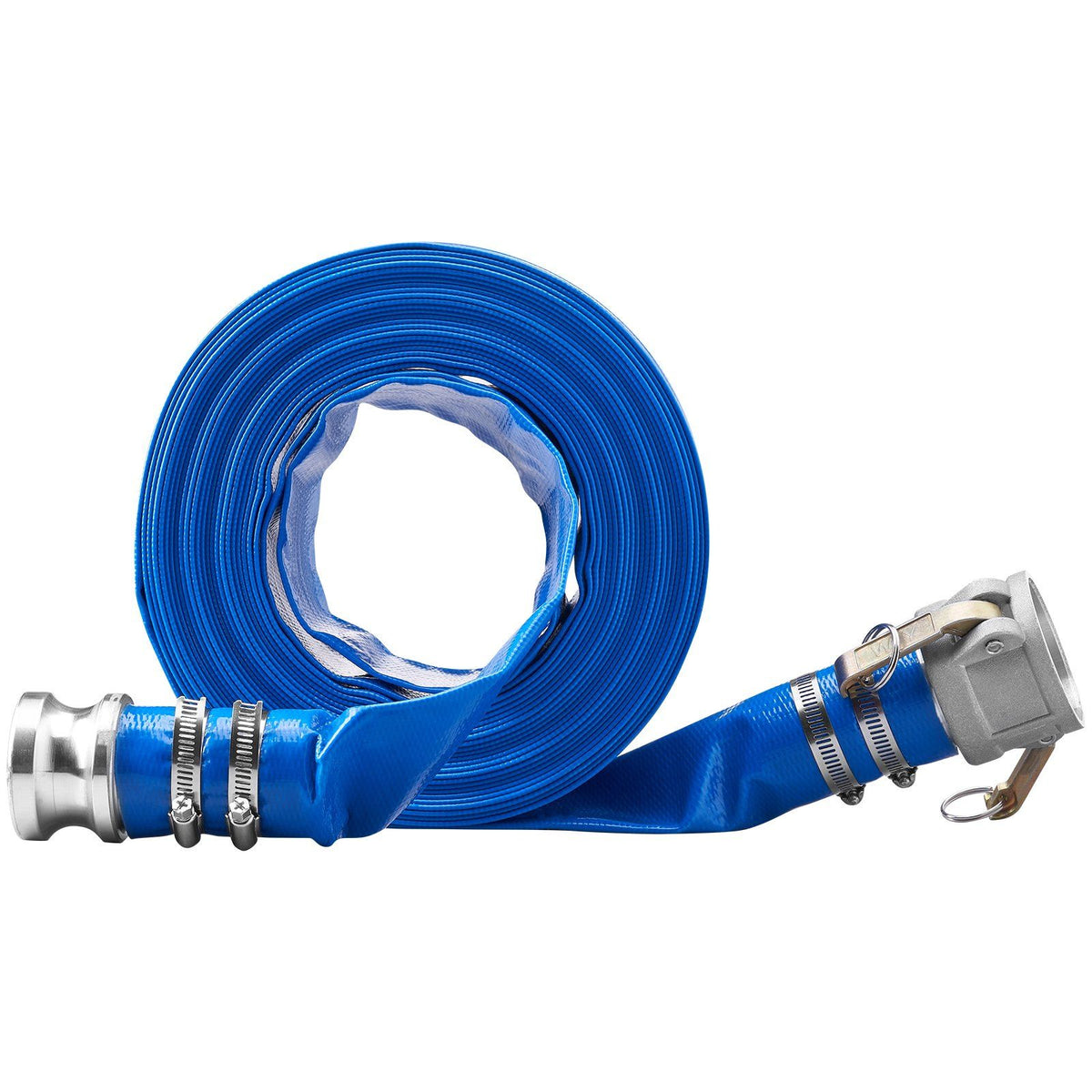 Backwash Hose, 2 in x 50 ft, Heavy-Duty PVC Flat Pool Discharge Hose with Aluminum Camlock C & E Fittings, V952-FCXRG250FTPVCM9TXV0