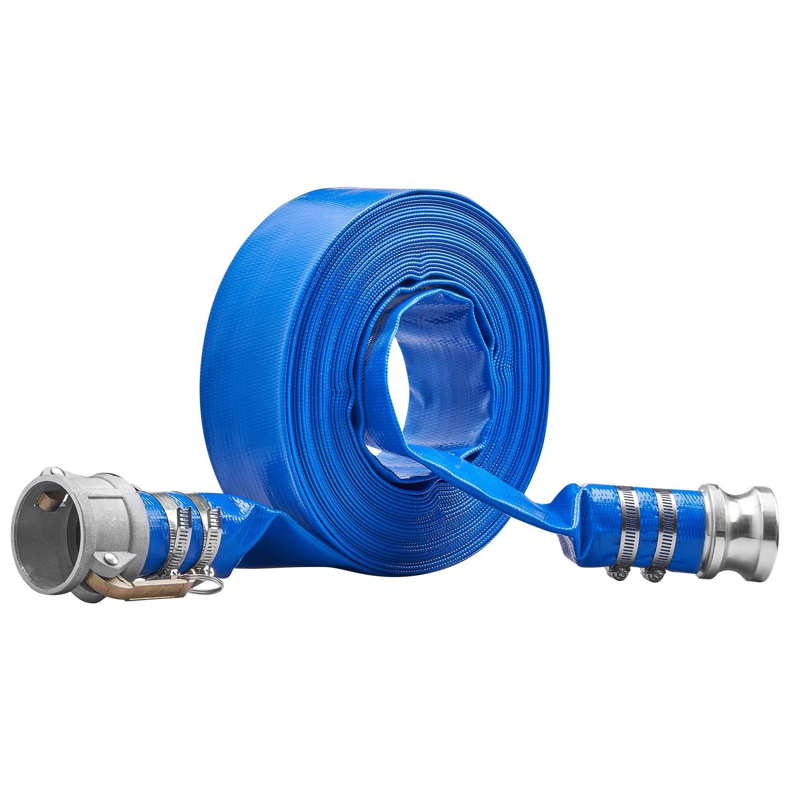 Backwash Hose, 2 in x 50 ft, Heavy-Duty PVC Flat Pool Discharge Hose with Aluminum Camlock C & E Fittings, V952-FCXRG250FTPVCM9TXV0