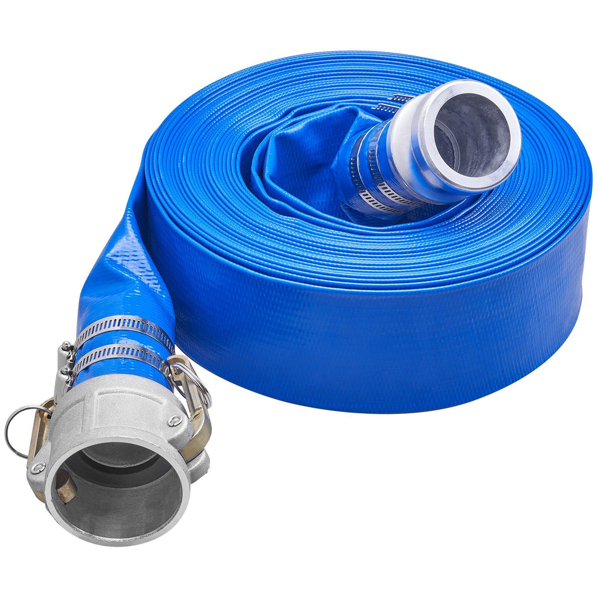 Backwash Hose, 2 in x 50 ft, Heavy-Duty PVC Flat Pool Discharge Hose with Aluminum Camlock C & E Fittings, V952-FCXRG250FTPVCM9TXV0