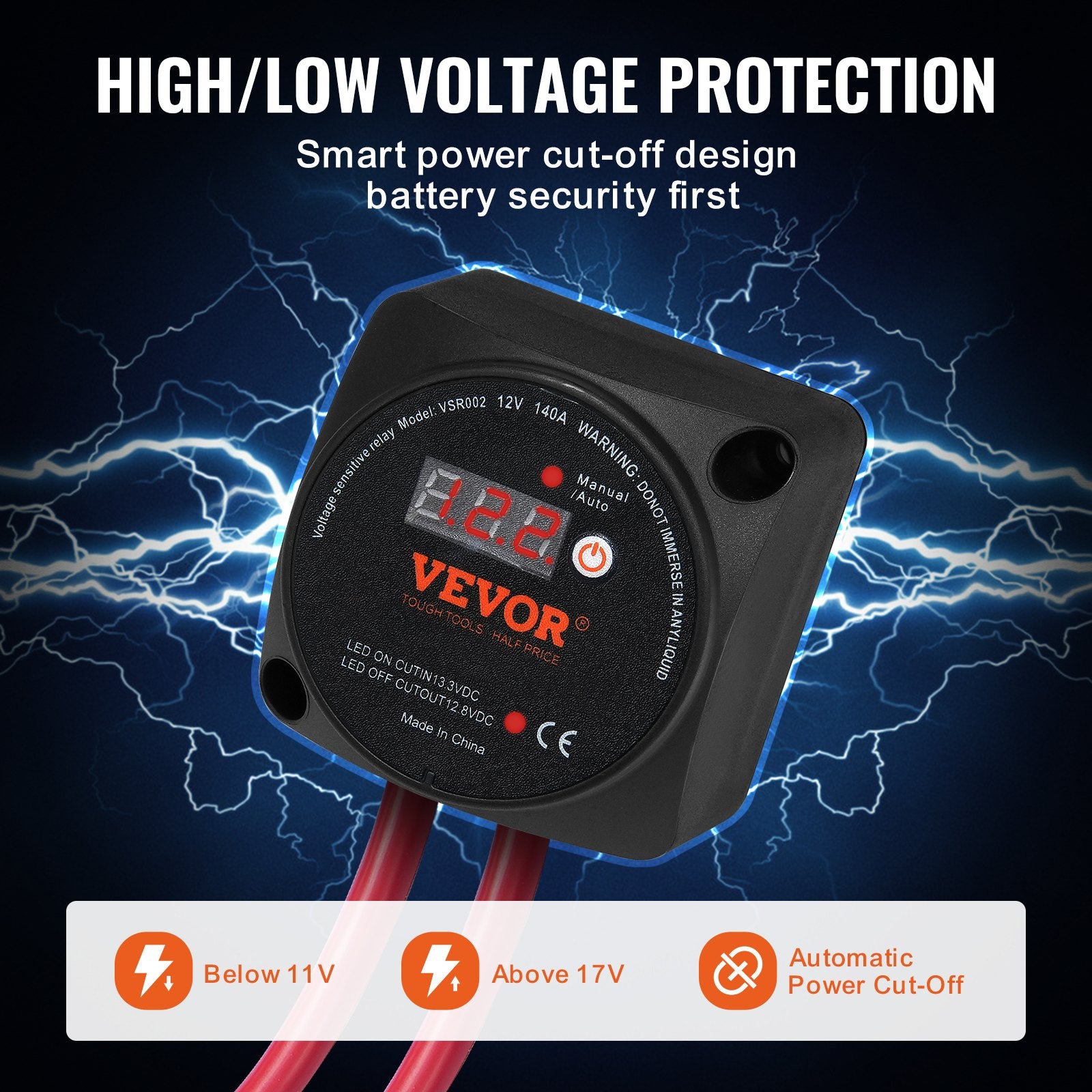 Dual Battery Isolator Kit, 140Amp, Manual and Auto Modes VSR Voltage Sensitive Relay with LCD Screen, Smart V952-FDCDJDQZJLCDFKCXLV9